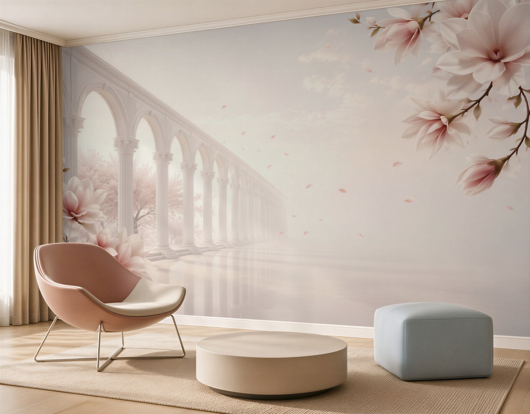 Fototapeta magnolie przy klasycznych arkadach pastelowa elegancja do salonu?v23