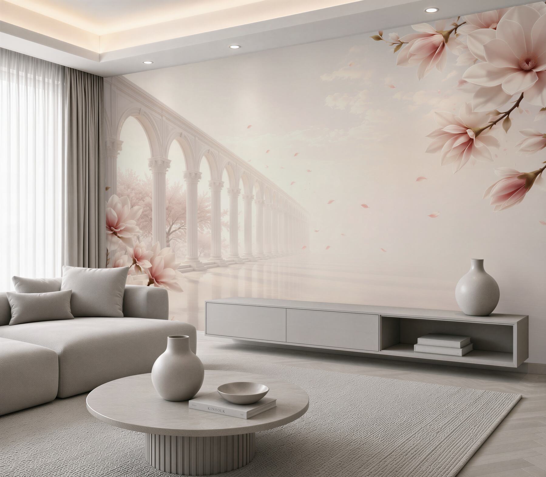 Fototapeta magnolie przy klasycznych arkadach pastelowa elegancja do salonu?v23