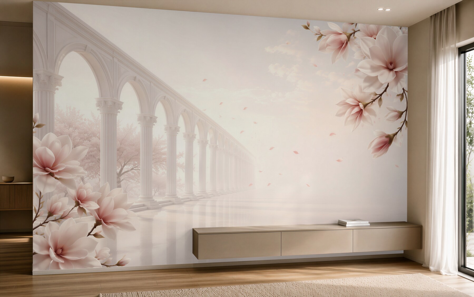 Fototapeta magnolie przy klasycznych arkadach pastelowa elegancja do salonu?v23
