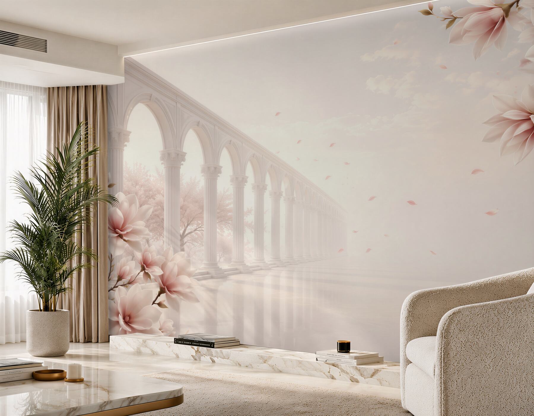 Fototapeta magnolie przy klasycznych arkadach pastelowa elegancja do salonu?v23