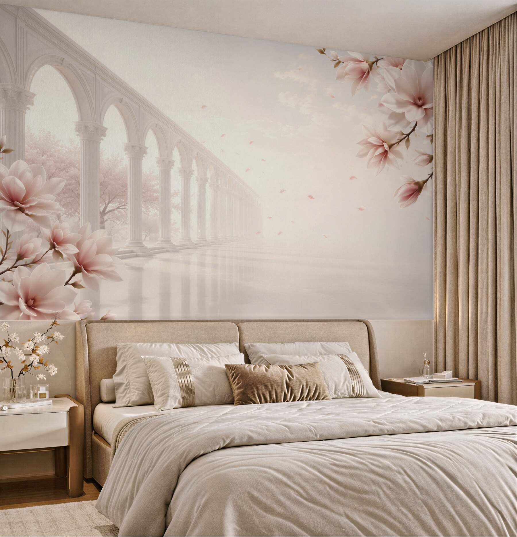 Fototapeta magnolie przy klasycznych arkadach pastelowa elegancja do salonu?v23