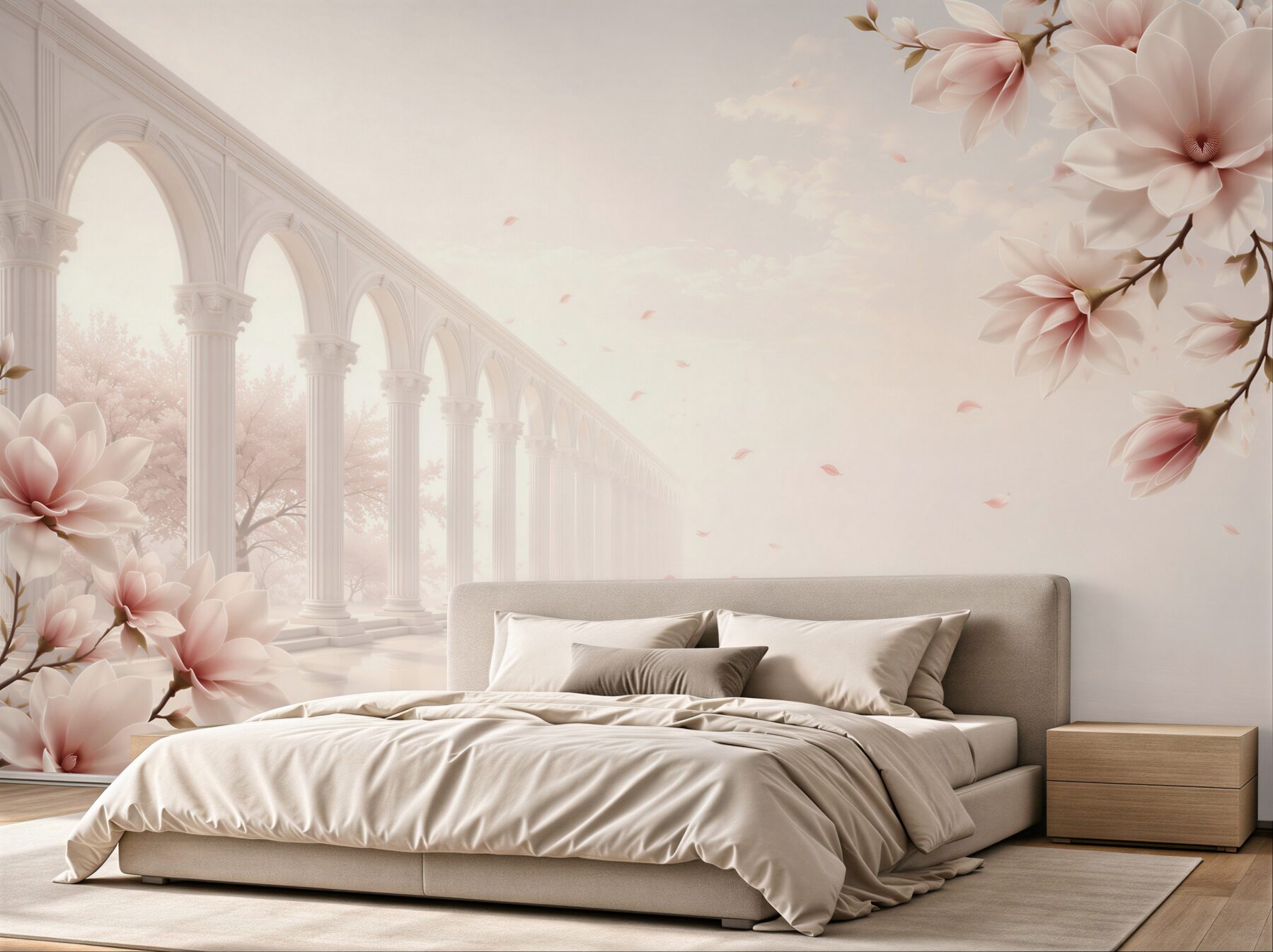 Fototapeta magnolie przy klasycznych arkadach pastelowa elegancja do salonu?v23
