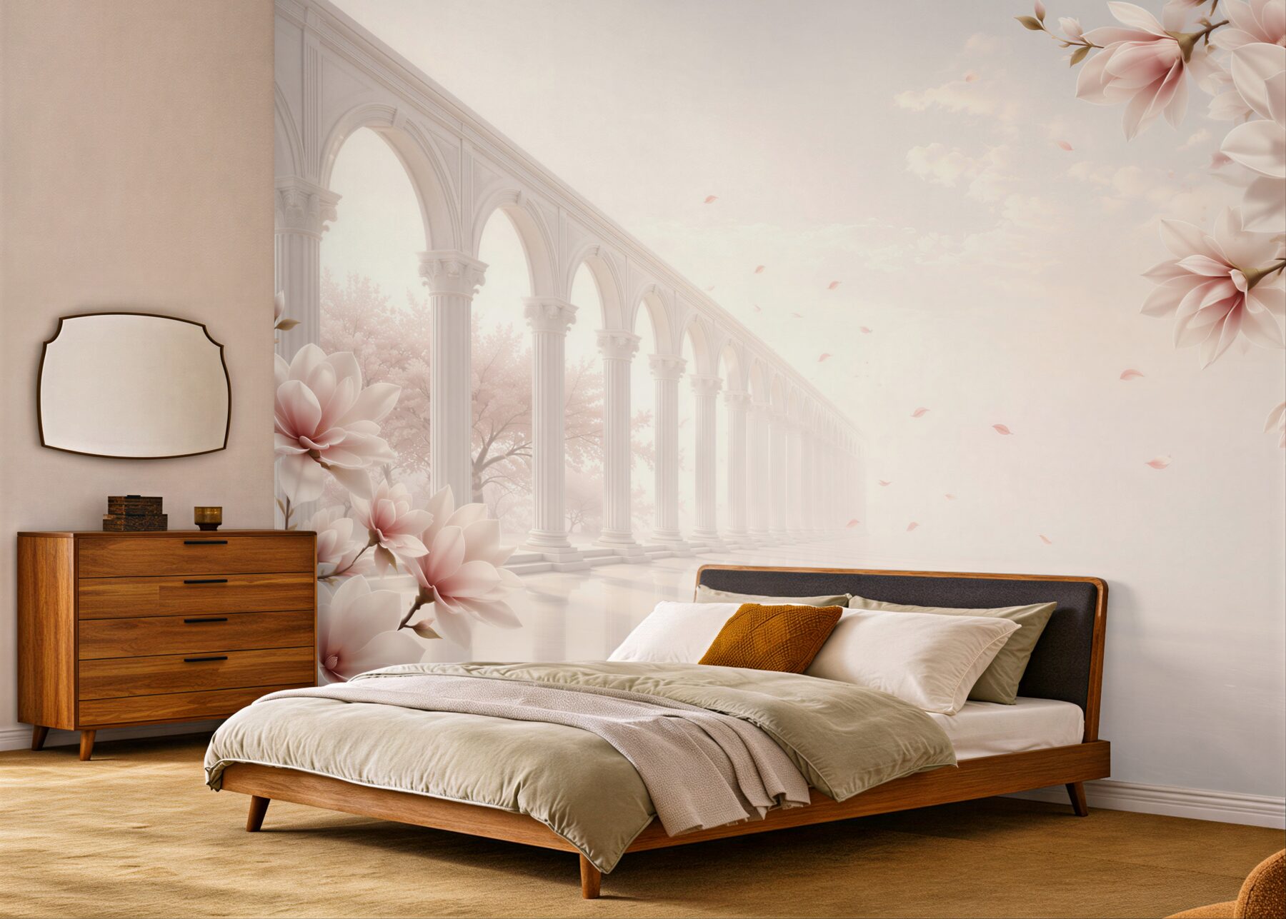 Fototapeta magnolie przy klasycznych arkadach pastelowa elegancja do salonu?v23