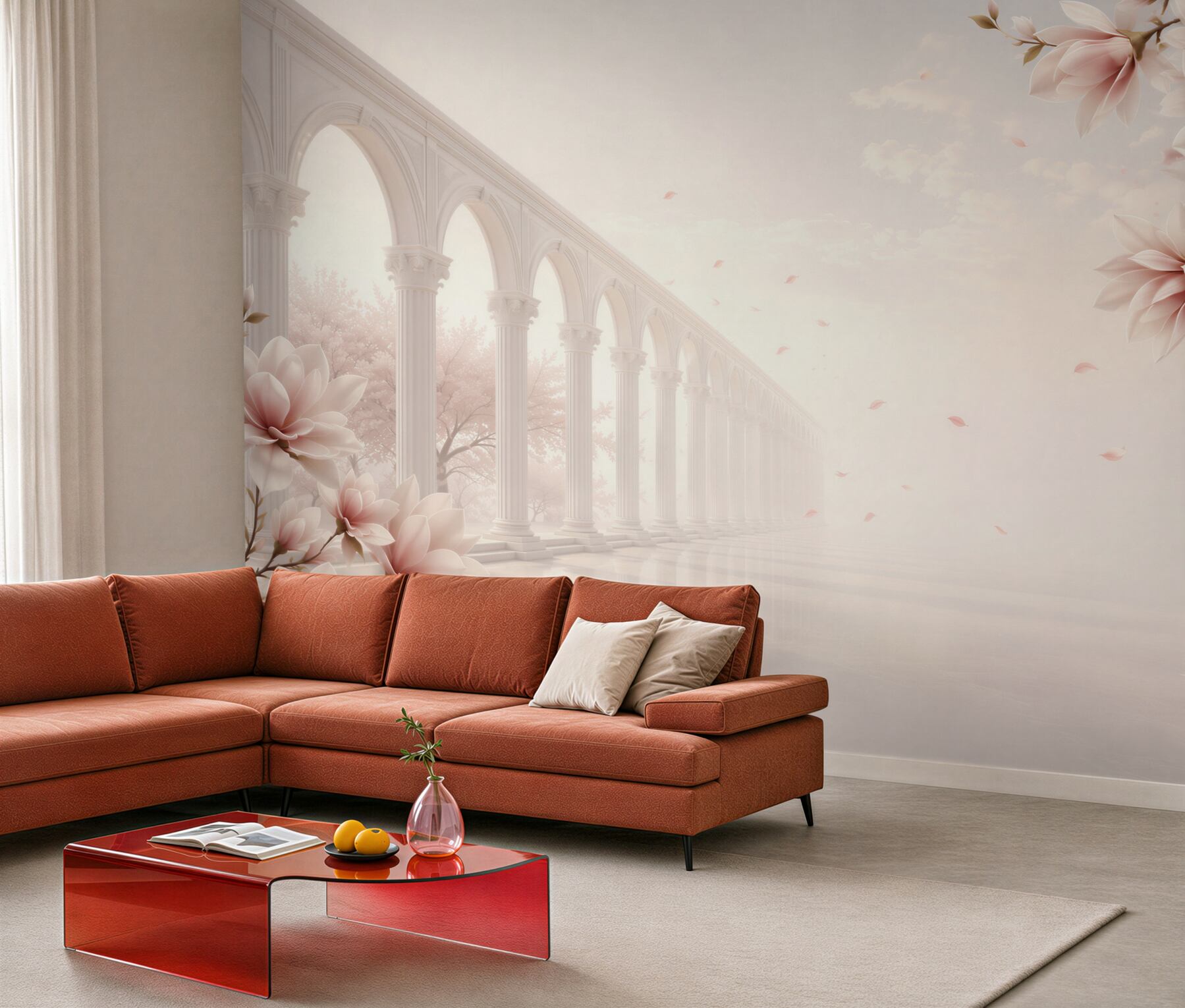 Fototapeta magnolie przy klasycznych arkadach pastelowa elegancja do salonu?v23