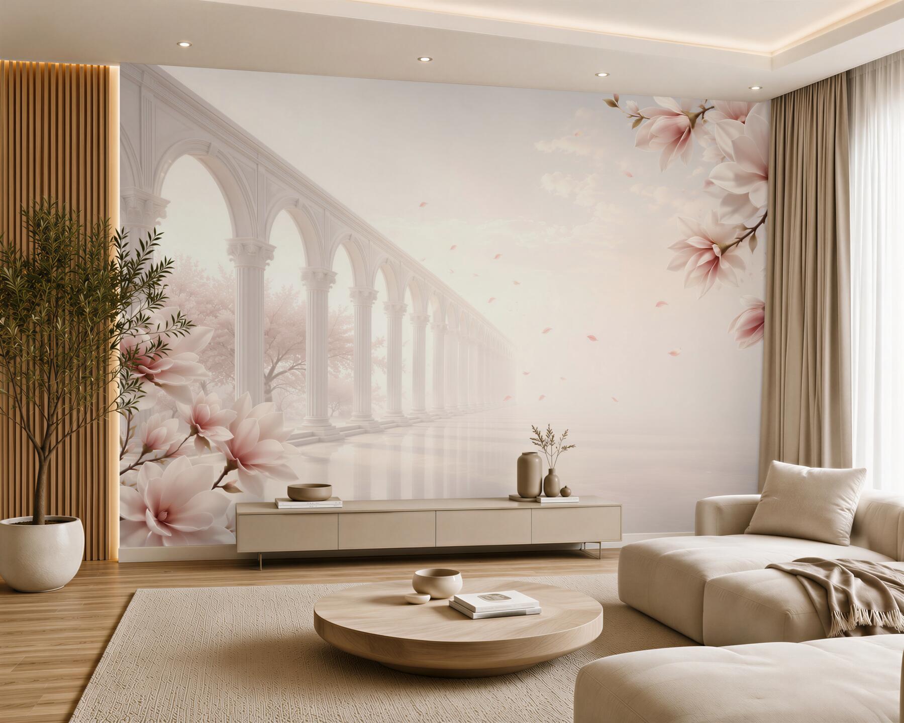Fototapeta magnolie przy klasycznych arkadach pastelowa elegancja do salonu?v23