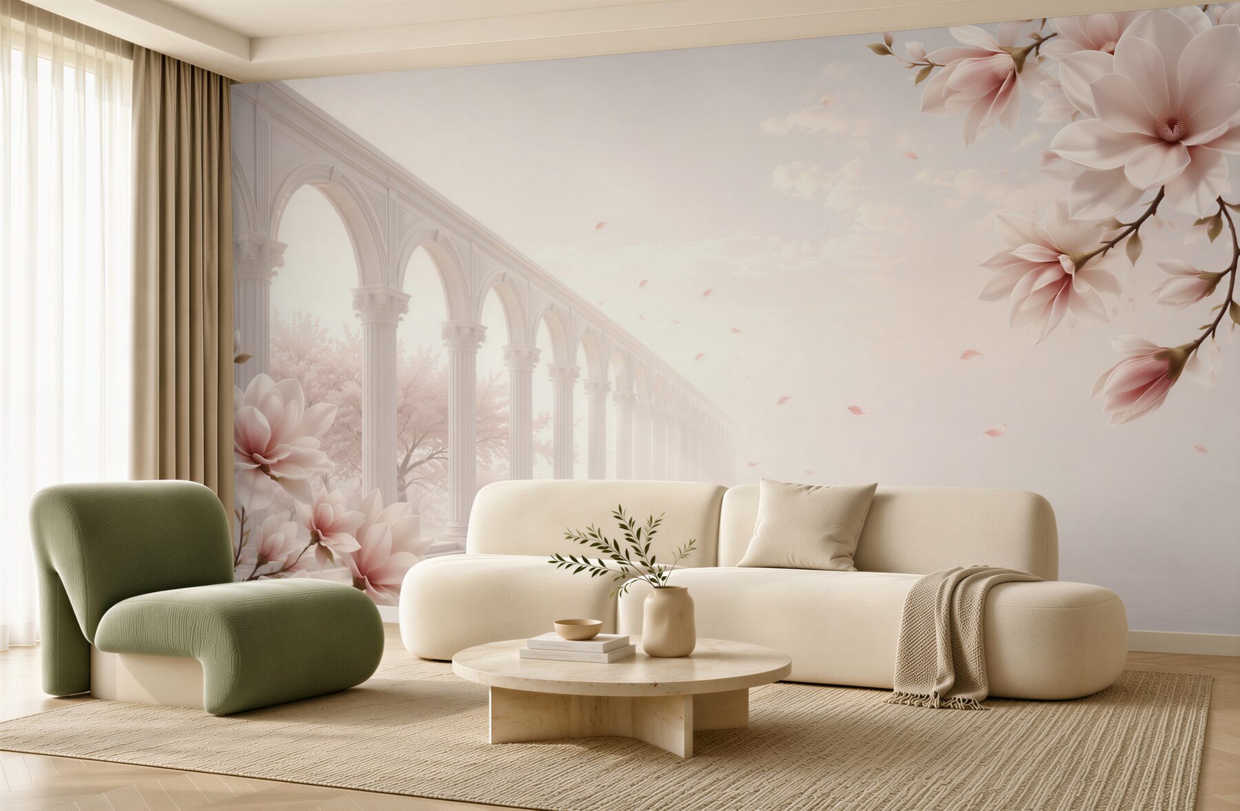 Fototapeta magnolie przy klasycznych arkadach pastelowa elegancja do salonu?v23