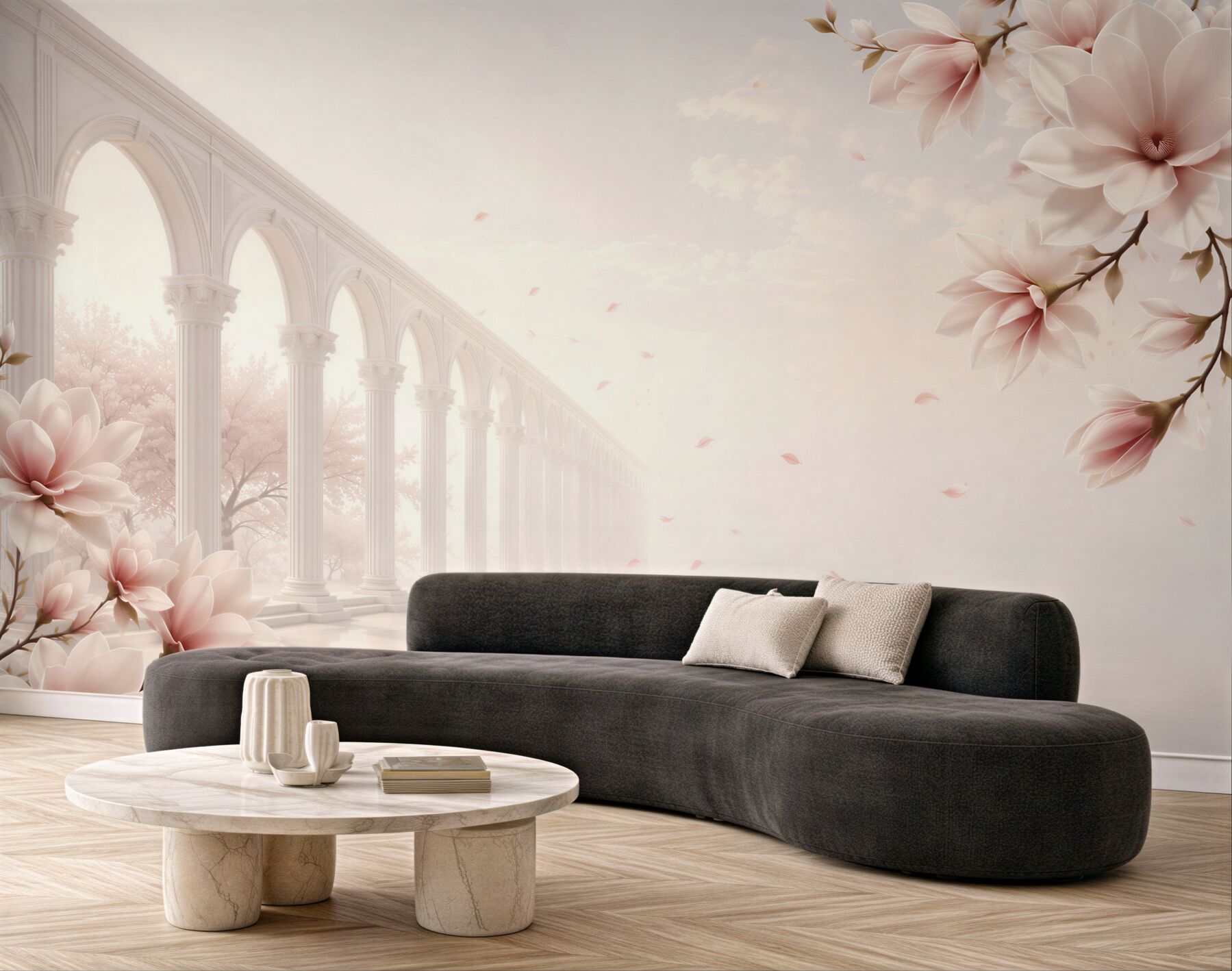 Fototapeta magnolie przy klasycznych arkadach pastelowa elegancja do salonu?v23