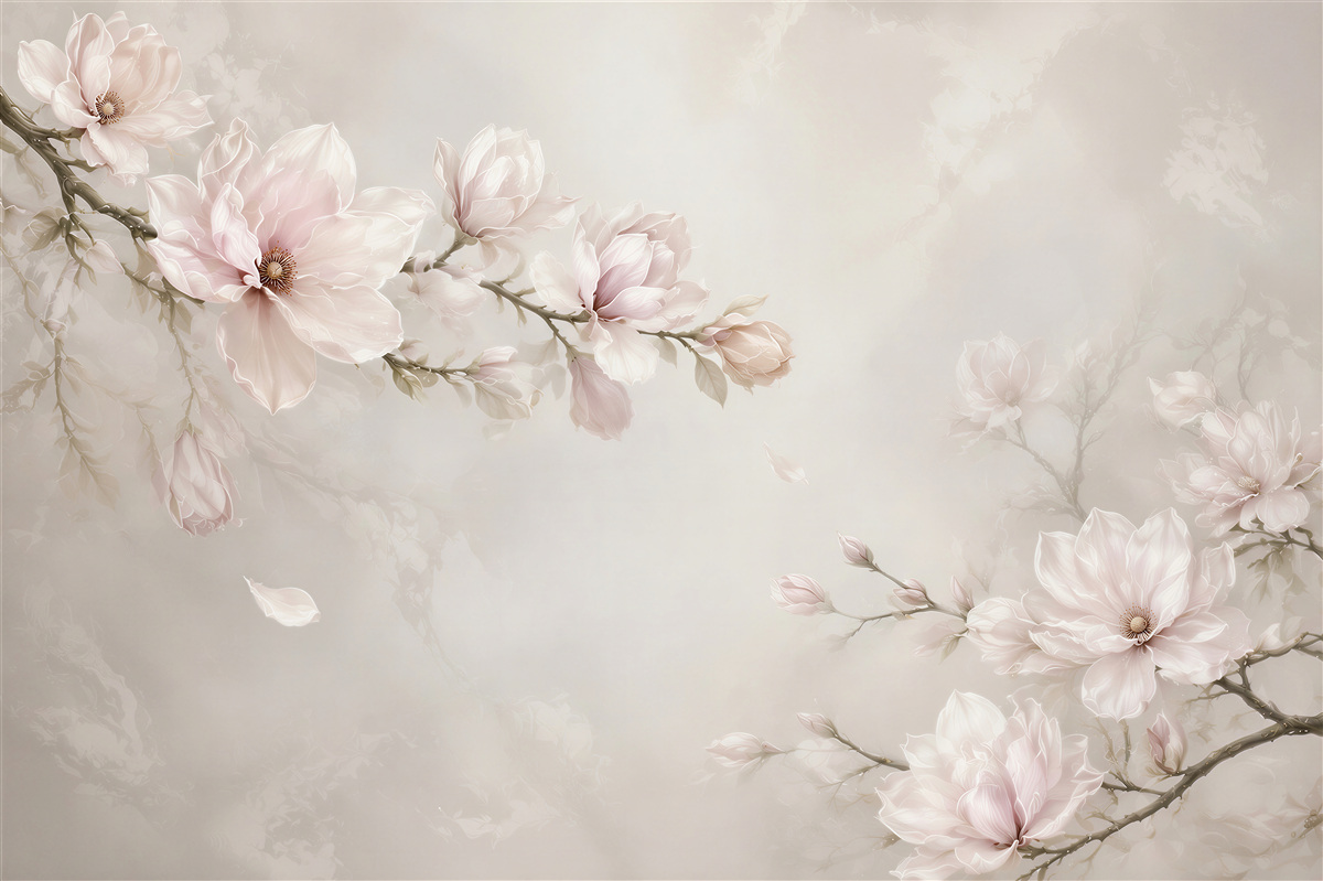 Fototapeta kwitnące magnolie pudrowy róż na jasnym tle elegancka