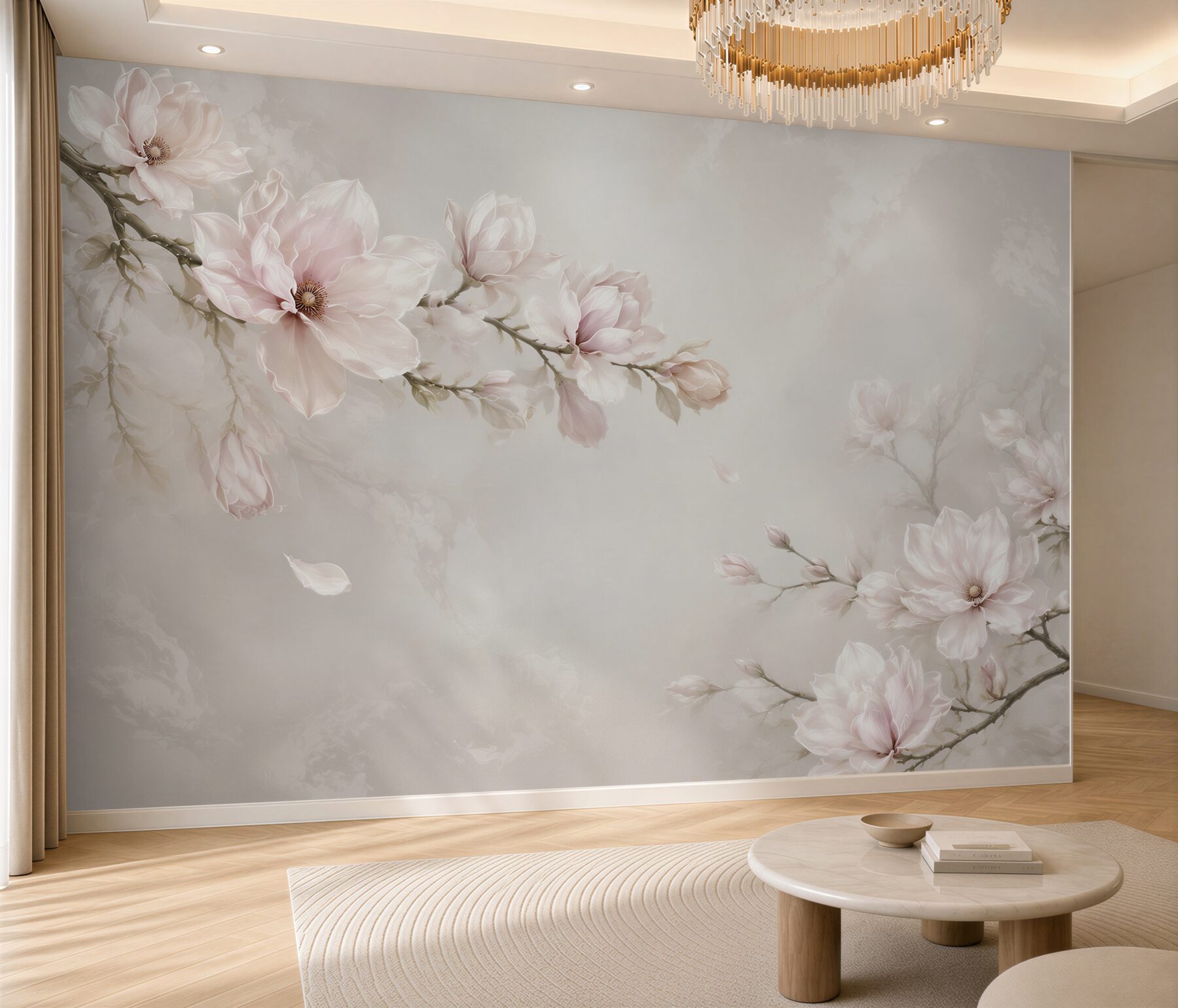 Fototapeta kwitnące magnolie pudrowy róż na jasnym tle elegancka?v23