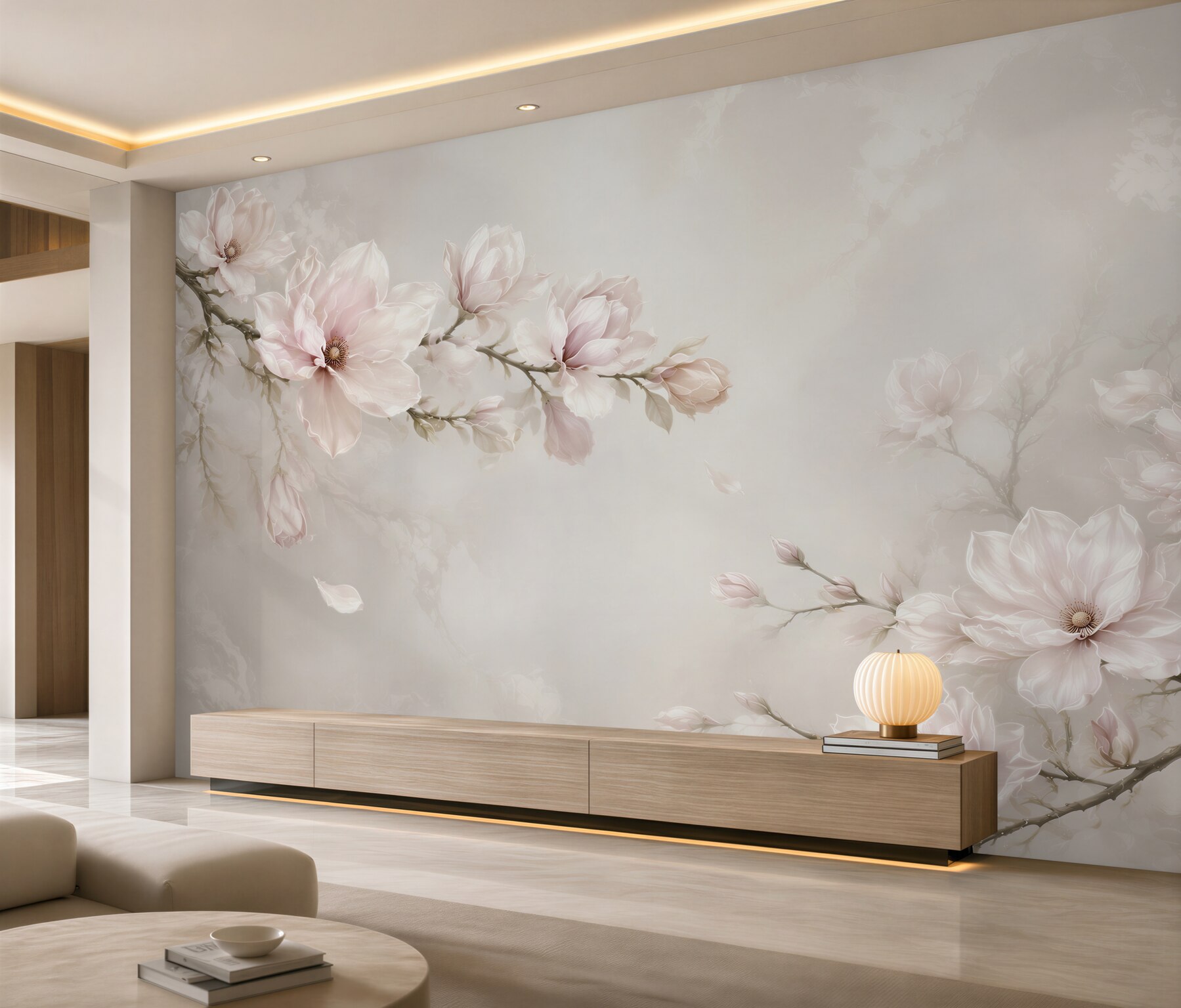 Fototapeta kwitnące magnolie pudrowy róż na jasnym tle elegancka?v23