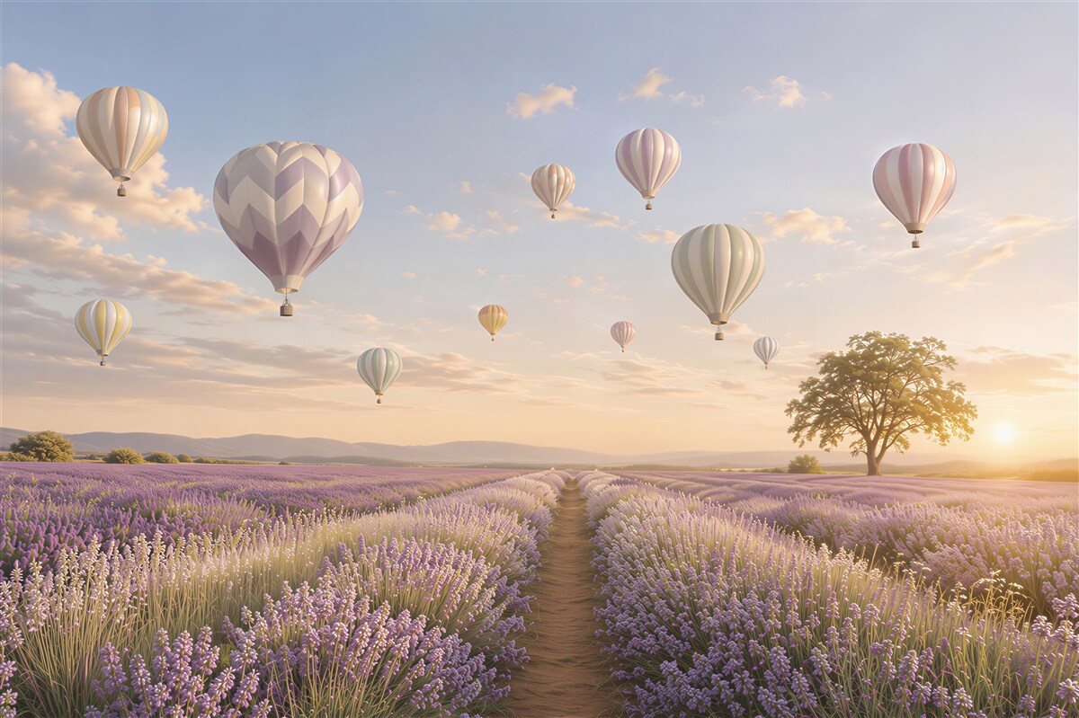 Fototapeta lawendowe pole z balonami w pastelowym niebie romantyczna