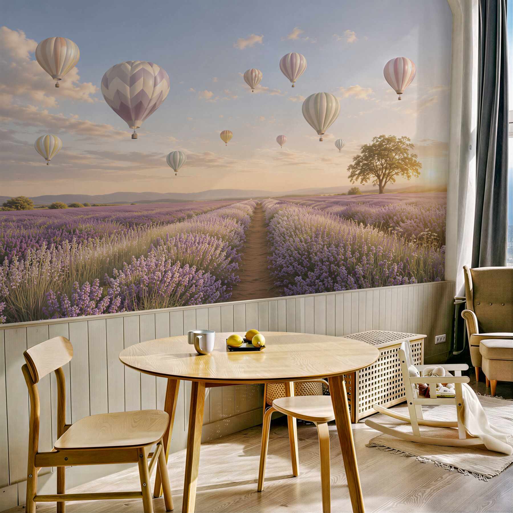 Fototapeta lawendowe pole z balonami w pastelowym niebie romantyczna?v23