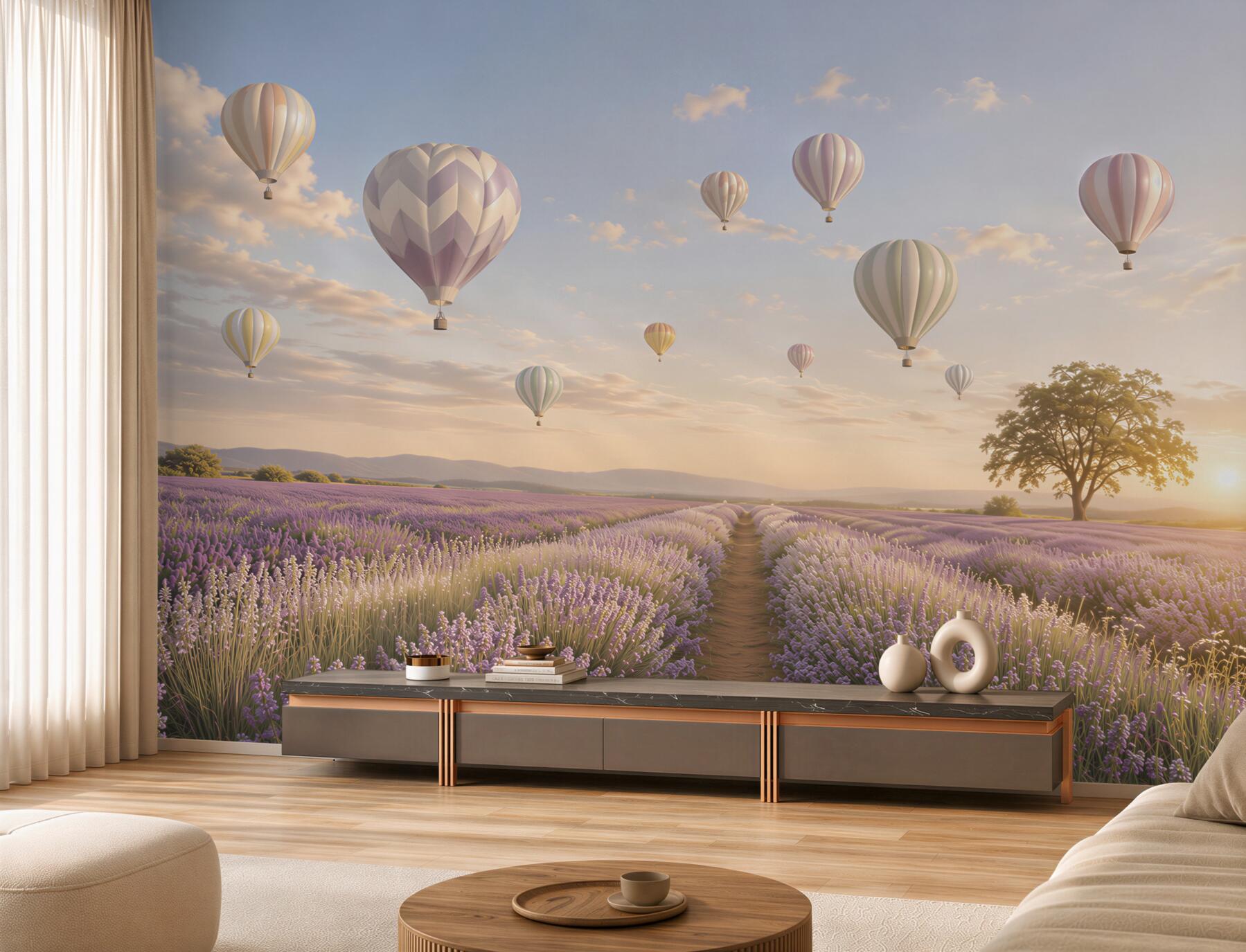 Fototapeta lawendowe pole z balonami w pastelowym niebie romantyczna