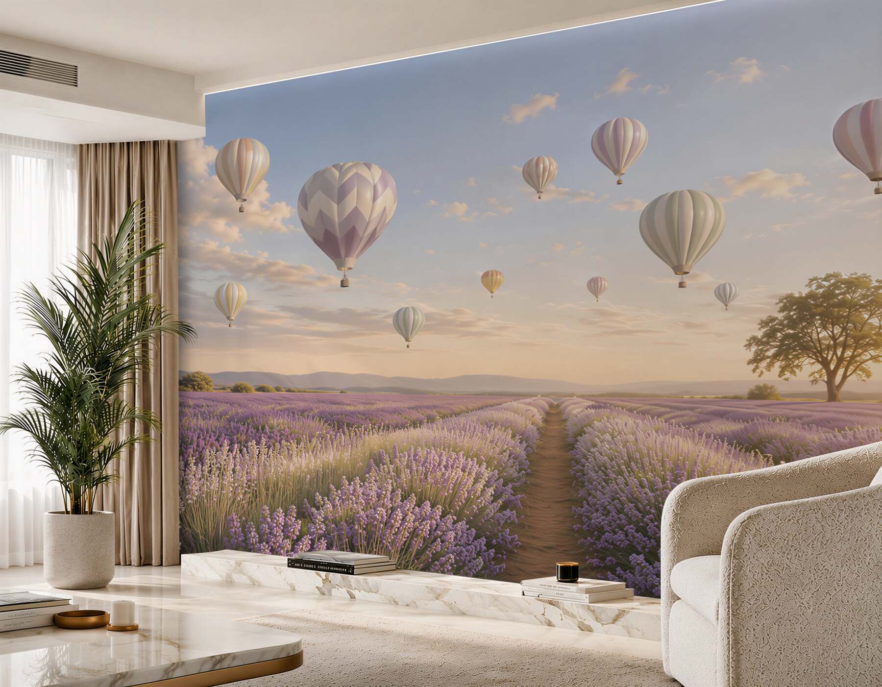 Fototapeta lawendowe pole z balonami w pastelowym niebie romantyczna?v23