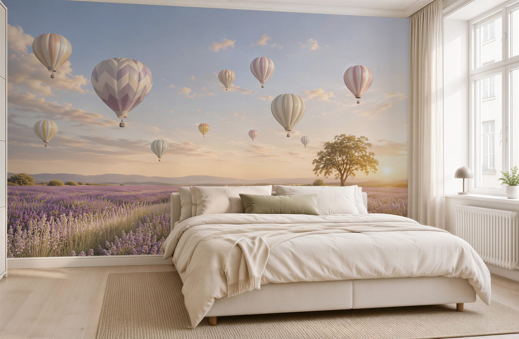 Fototapeta lawendowe pole z balonami w pastelowym niebie romantyczna?v23