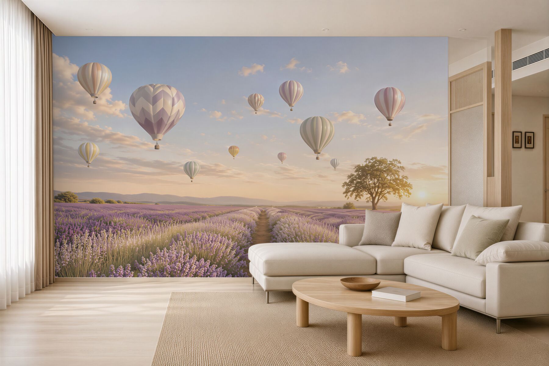 Fototapeta lawendowe pole z balonami w pastelowym niebie romantyczna?v23