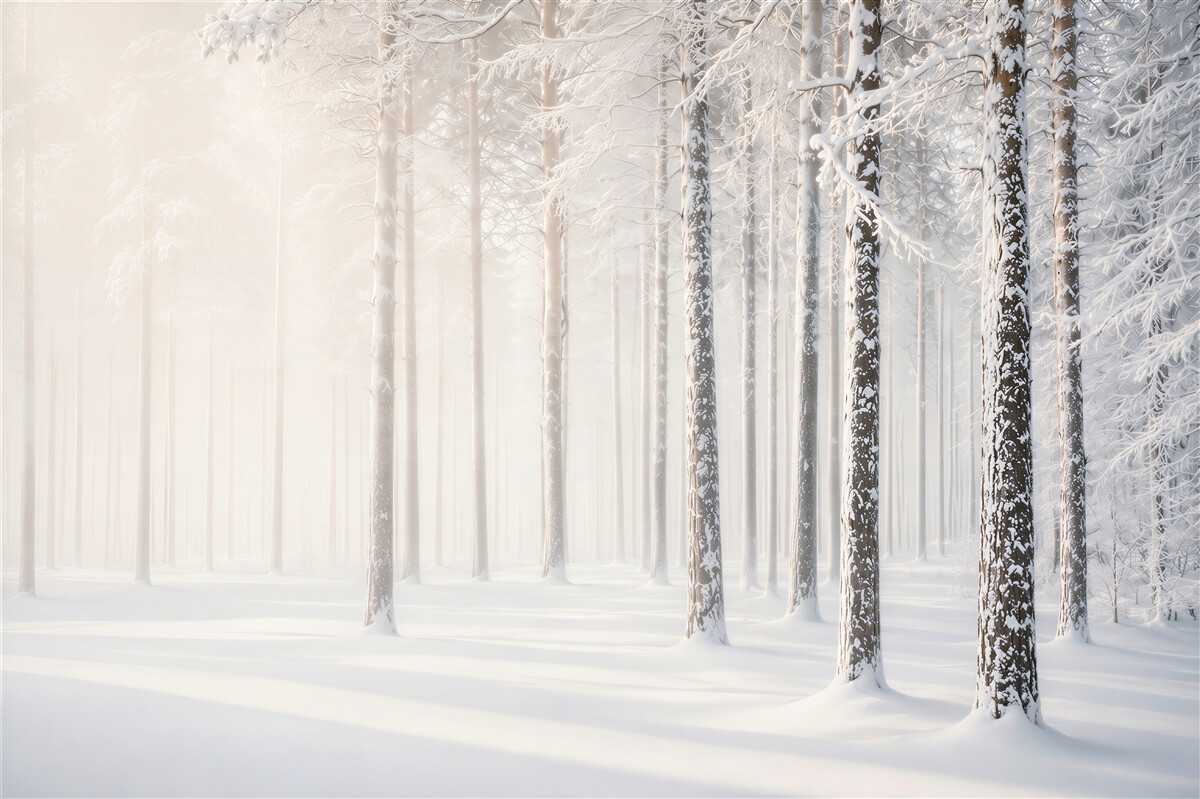 Fototapeta zimowy las we mgle ze śniegiem jasna spokojna
