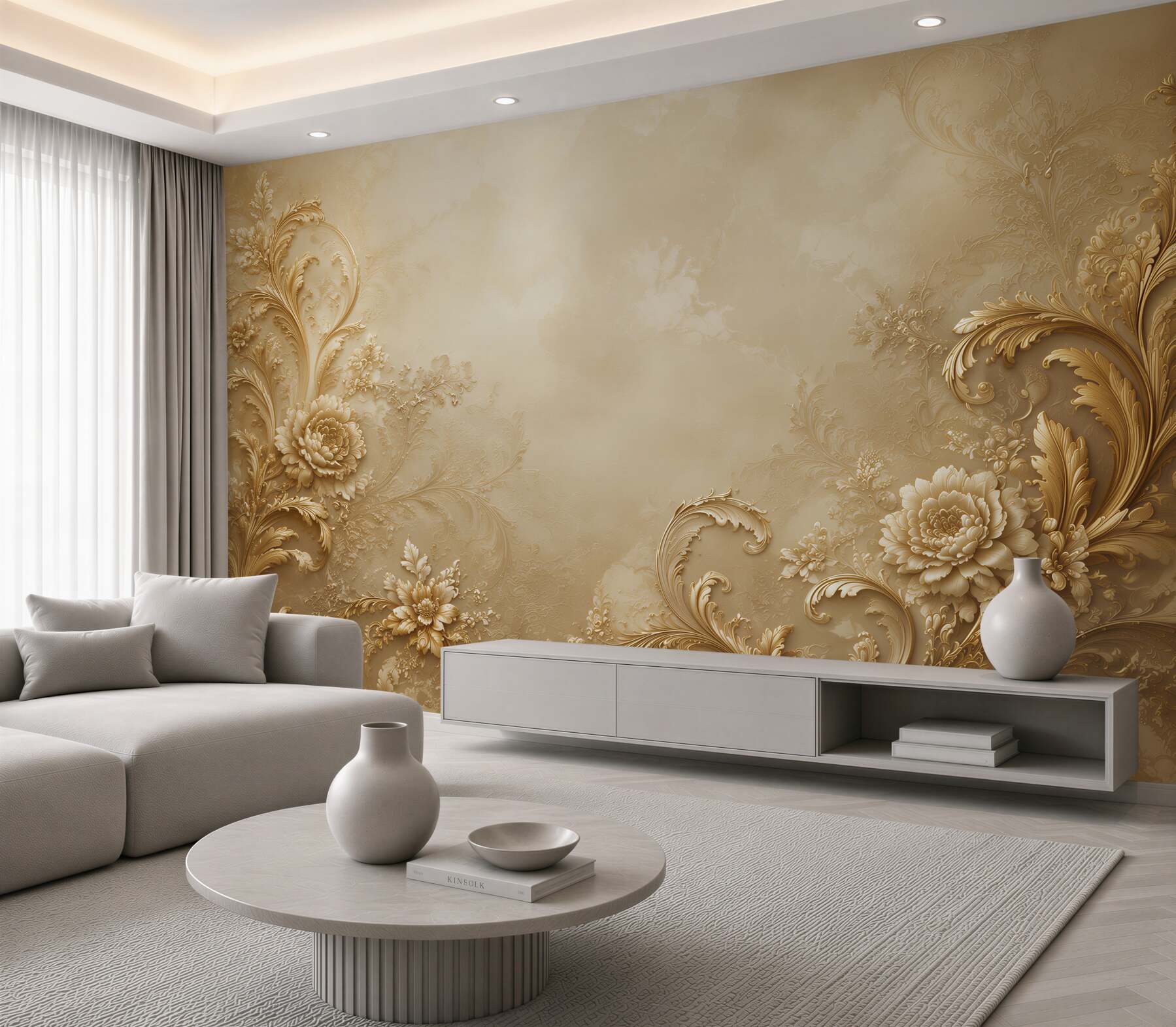 Fototapeta złote ornamenty kwiatowe na beżowym tle elegancka klasyczna?v23