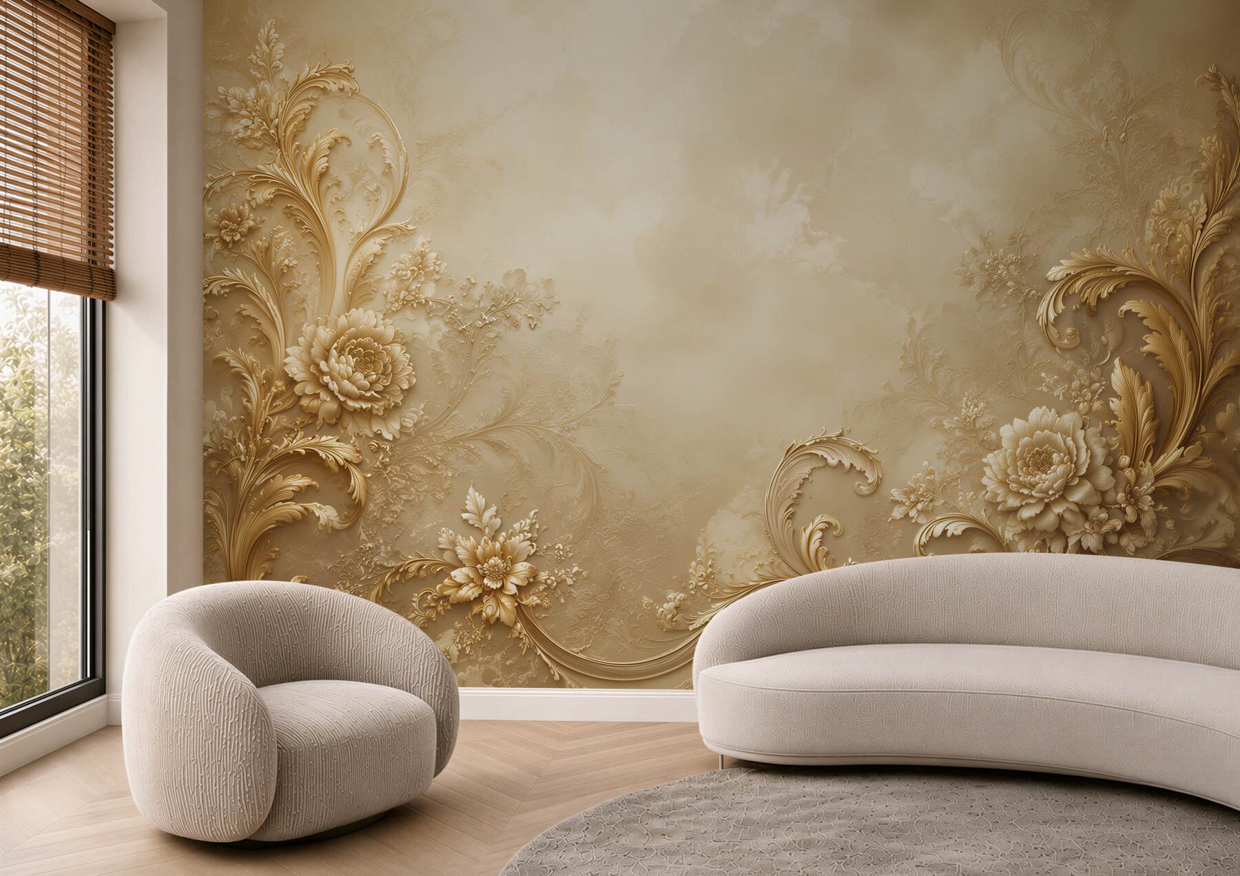 Fototapeta złote ornamenty kwiatowe na beżowym tle elegancka klasyczna?v23