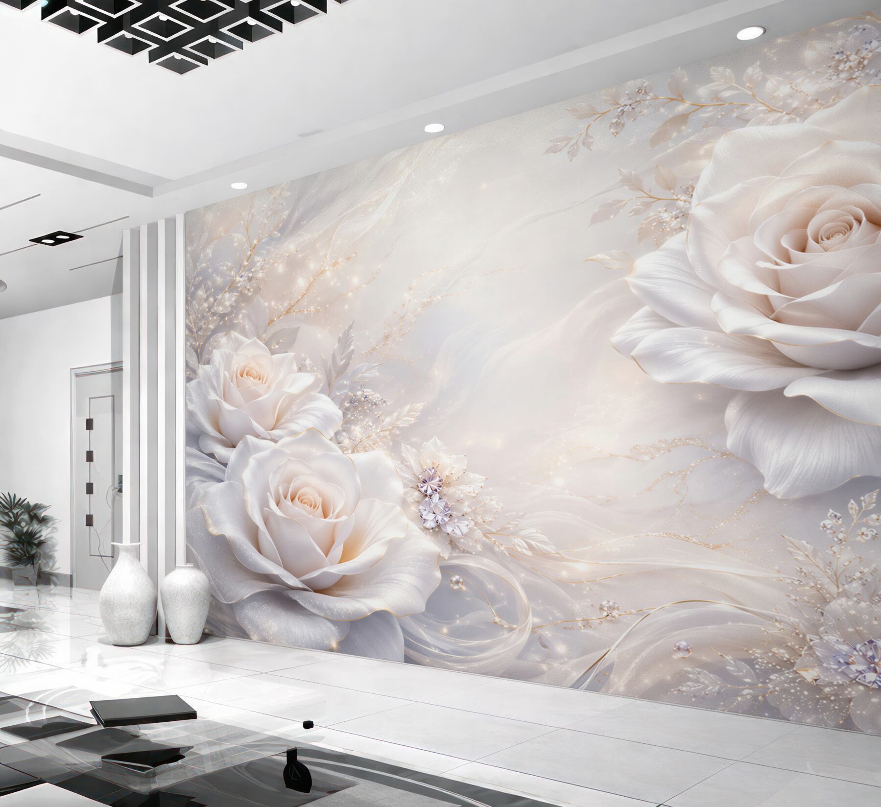 Fototapeta białe róże z delikatnym złotym połyskiem elegancka?v23