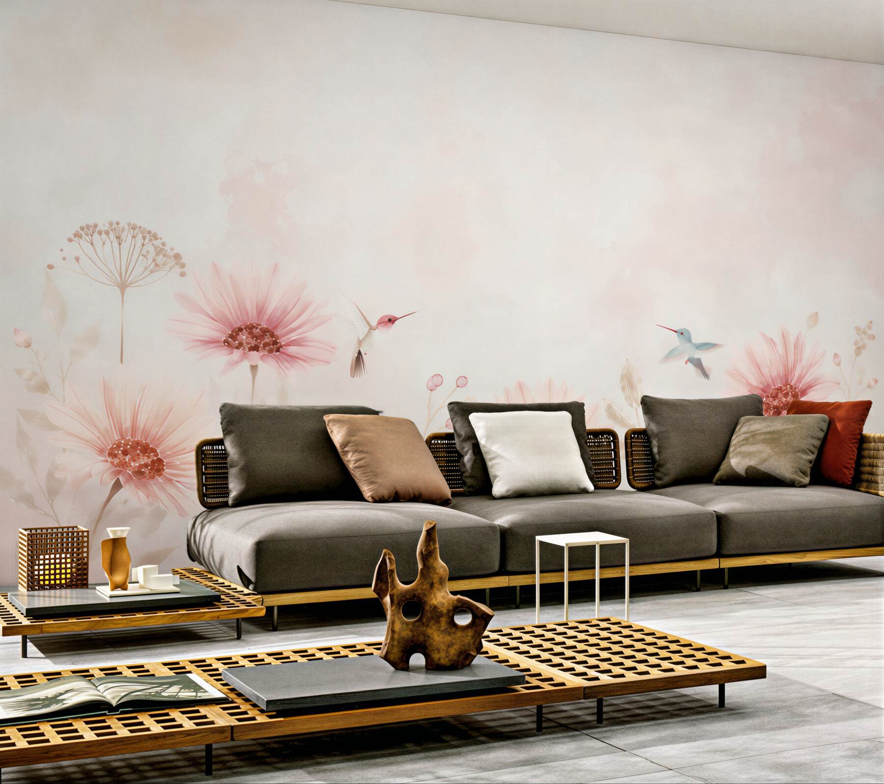 Fototapeta pastelowe kwiaty i kolibry na jasnym tle do sypialni?v23