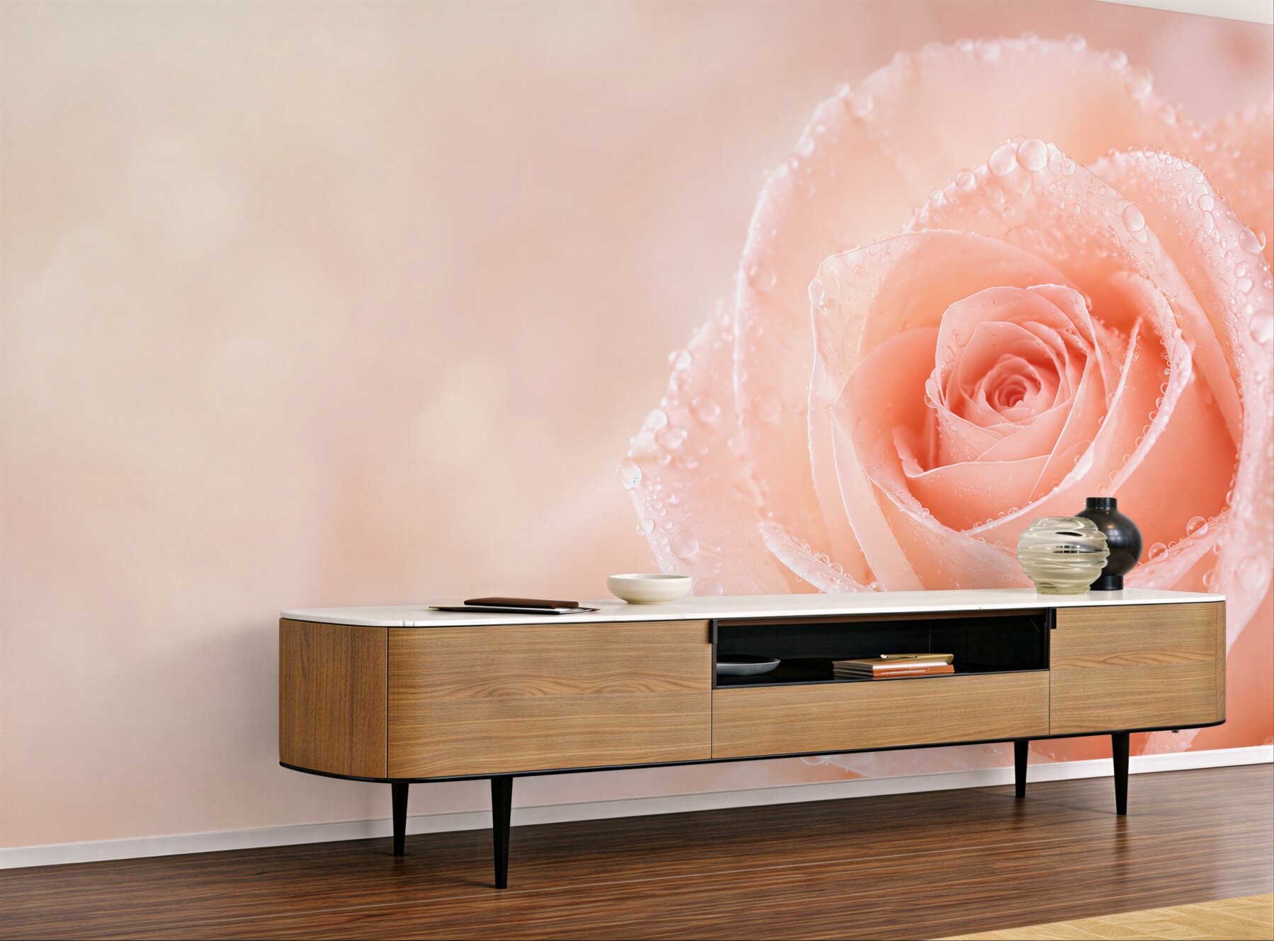 Fototapeta róża pudrowa z kroplami rosy romantyczna?v23