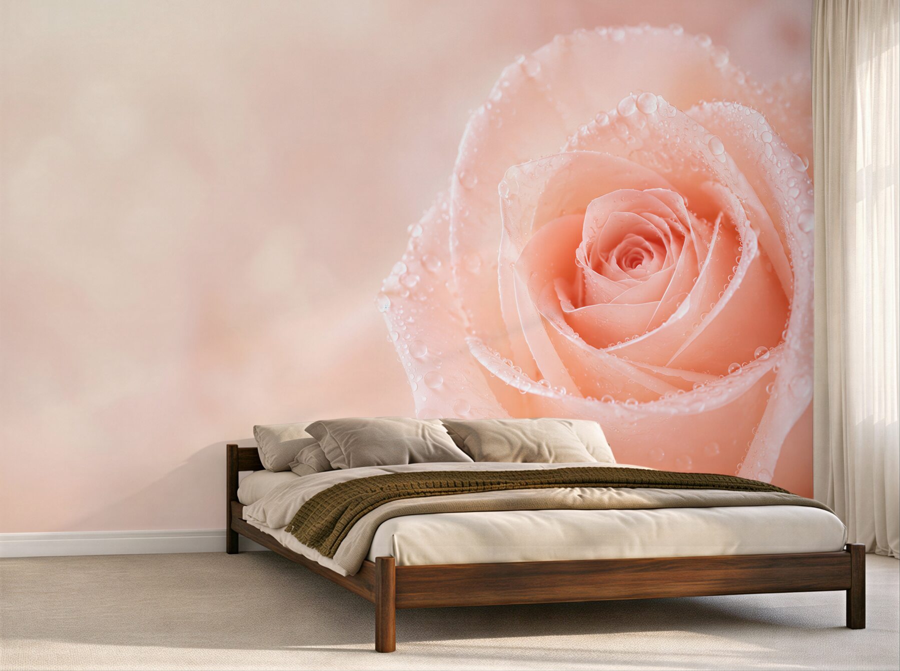 Fototapeta róża pudrowa z kroplami rosy romantyczna