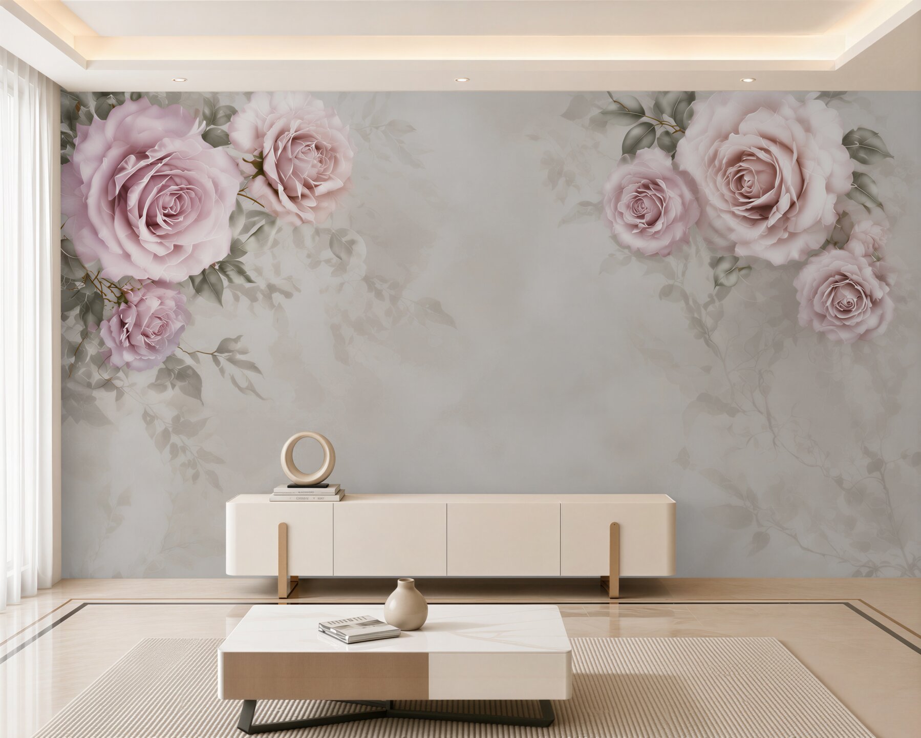 Fototapeta pudrowe róże na beżowym tle elegancka do sypialni?v23