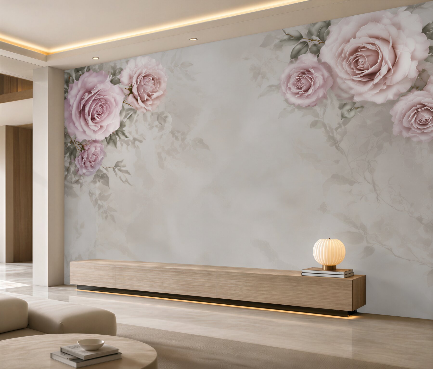 Fototapeta pudrowe róże na beżowym tle elegancka do sypialni