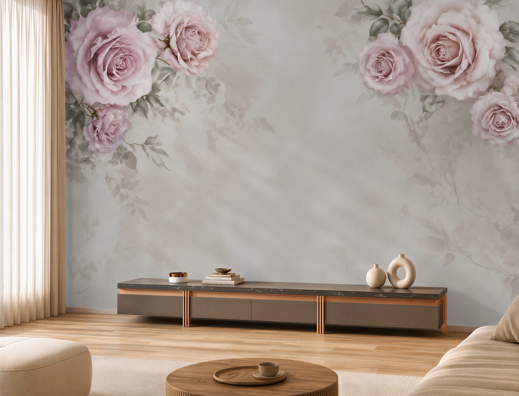 Fototapeta pudrowe róże na beżowym tle elegancka do sypialni?v23