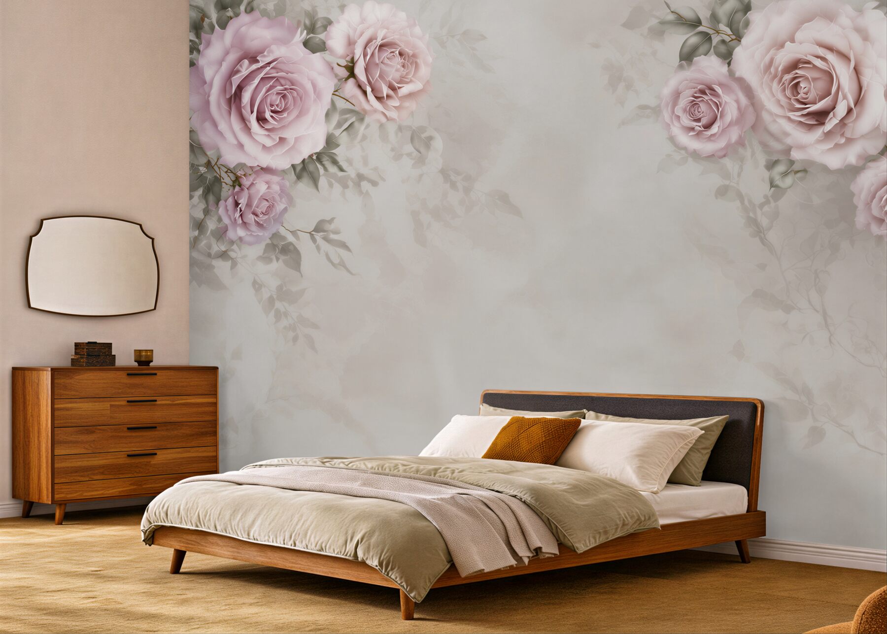 Fototapeta pudrowe róże na beżowym tle elegancka do sypialni?v23