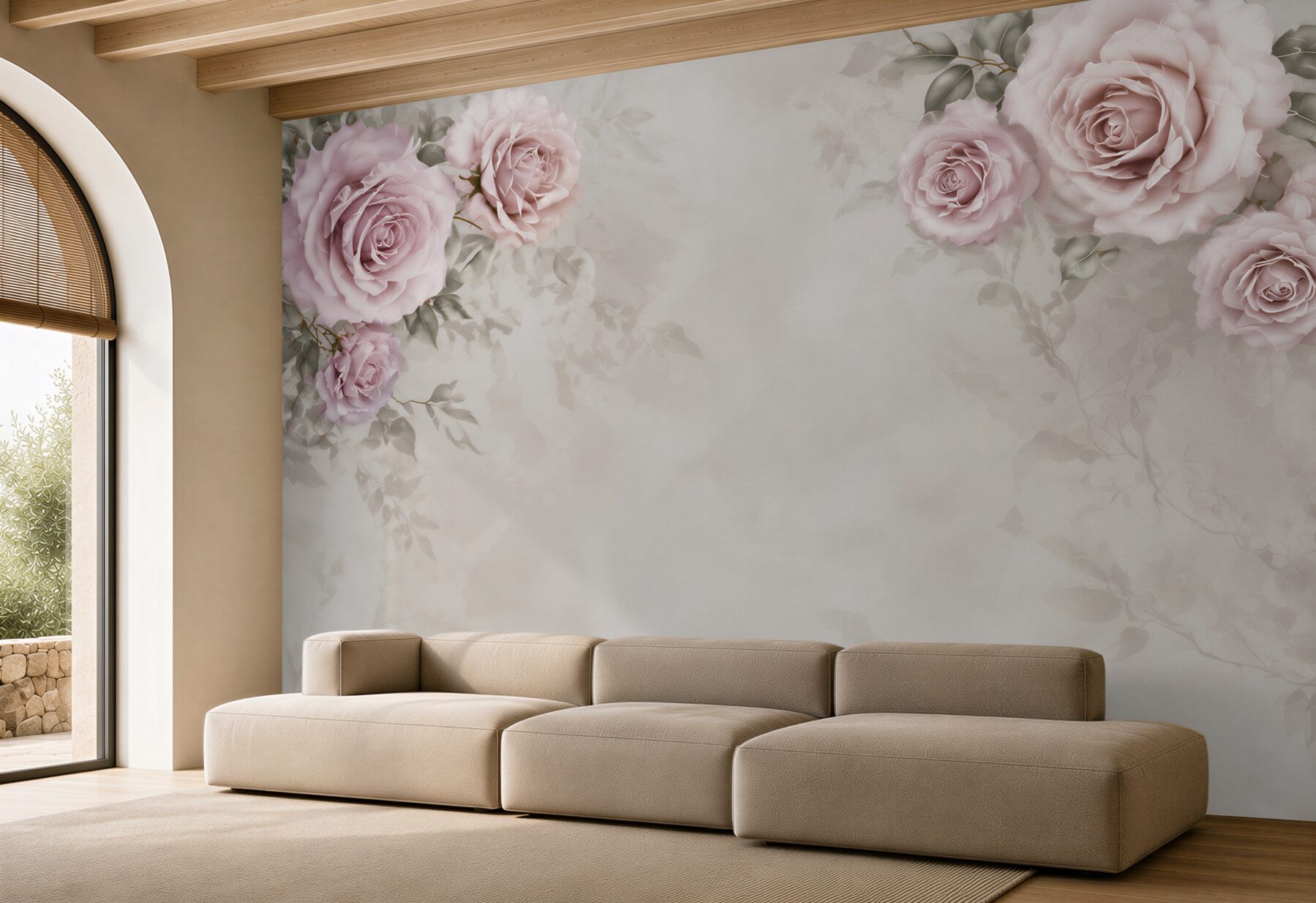 Fototapeta pudrowe róże na beżowym tle elegancka do sypialni?v23