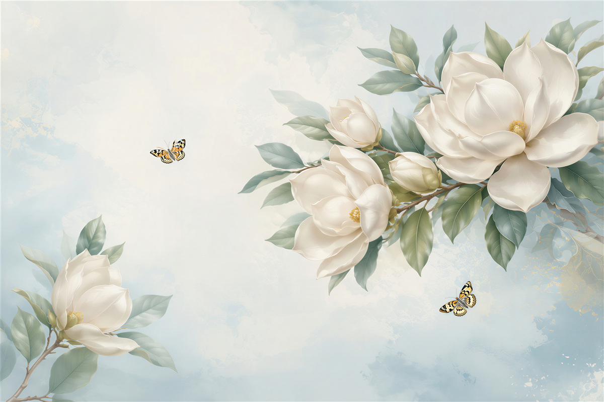 Fototapeta magnolie kremowe z motylami na błękitnym tle elegancka