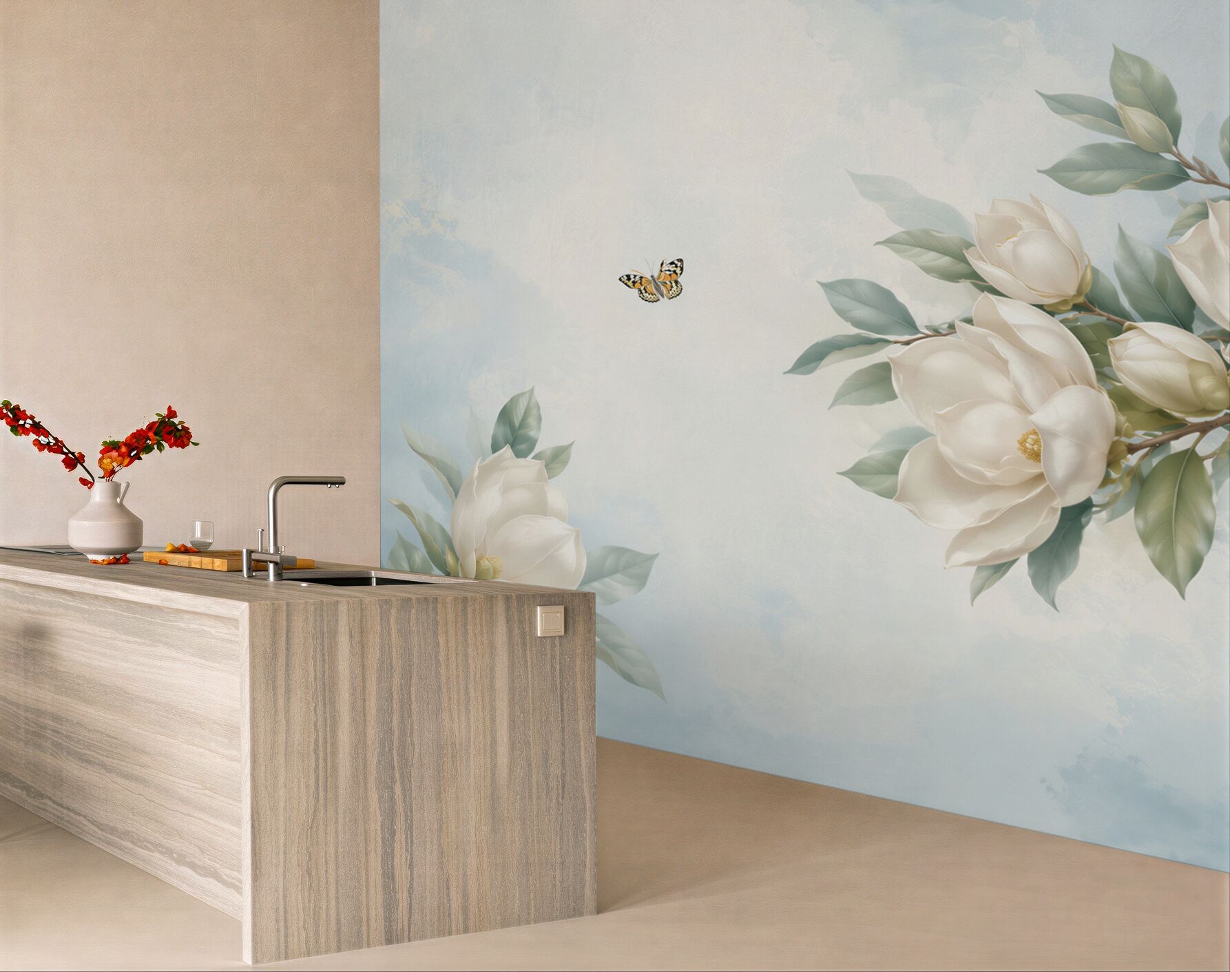 Fototapeta magnolie kremowe z motylami na błękitnym tle elegancka?v23