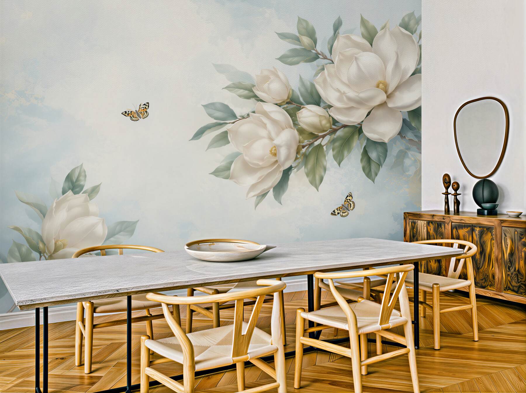 Fototapeta magnolie kremowe z motylami na błękitnym tle elegancka?v23