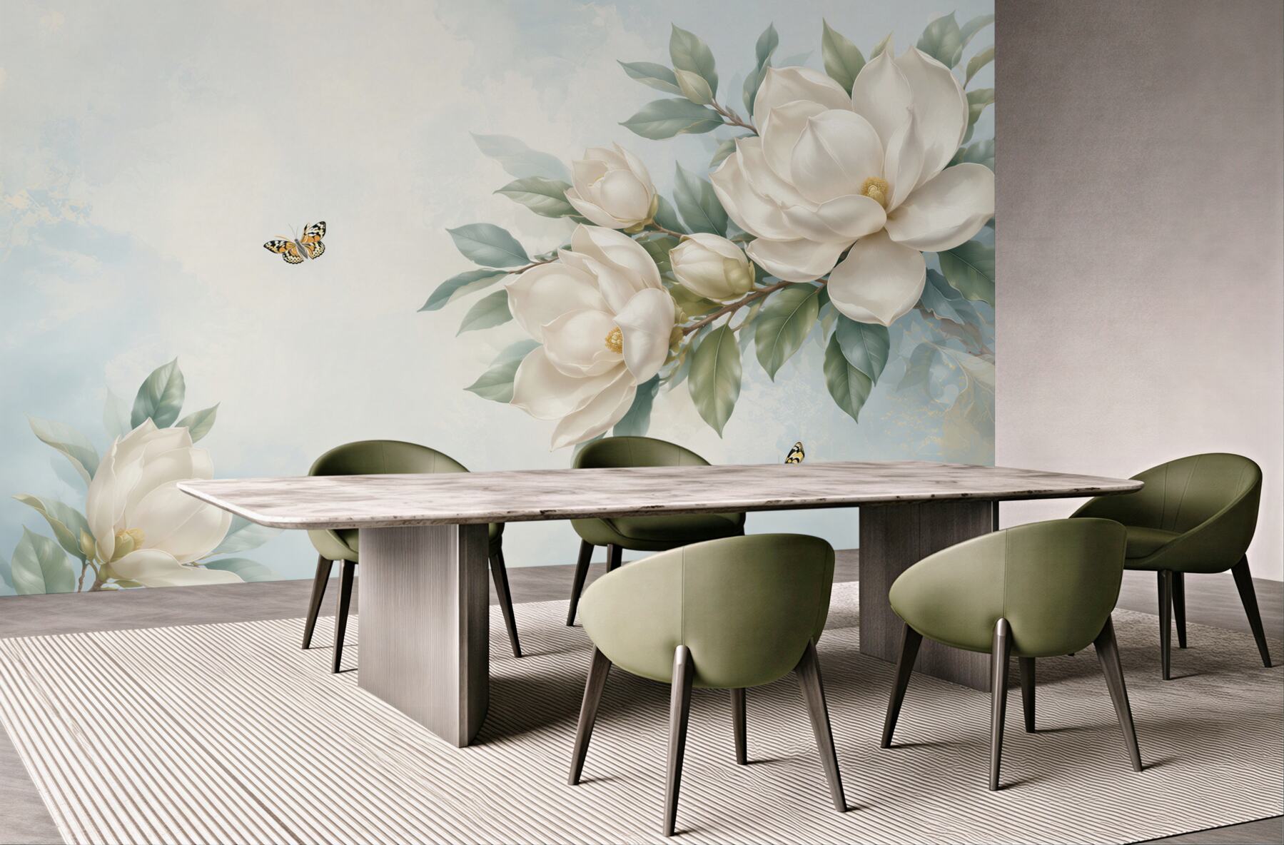 Fototapeta magnolie kremowe z motylami na błękitnym tle elegancka?v23