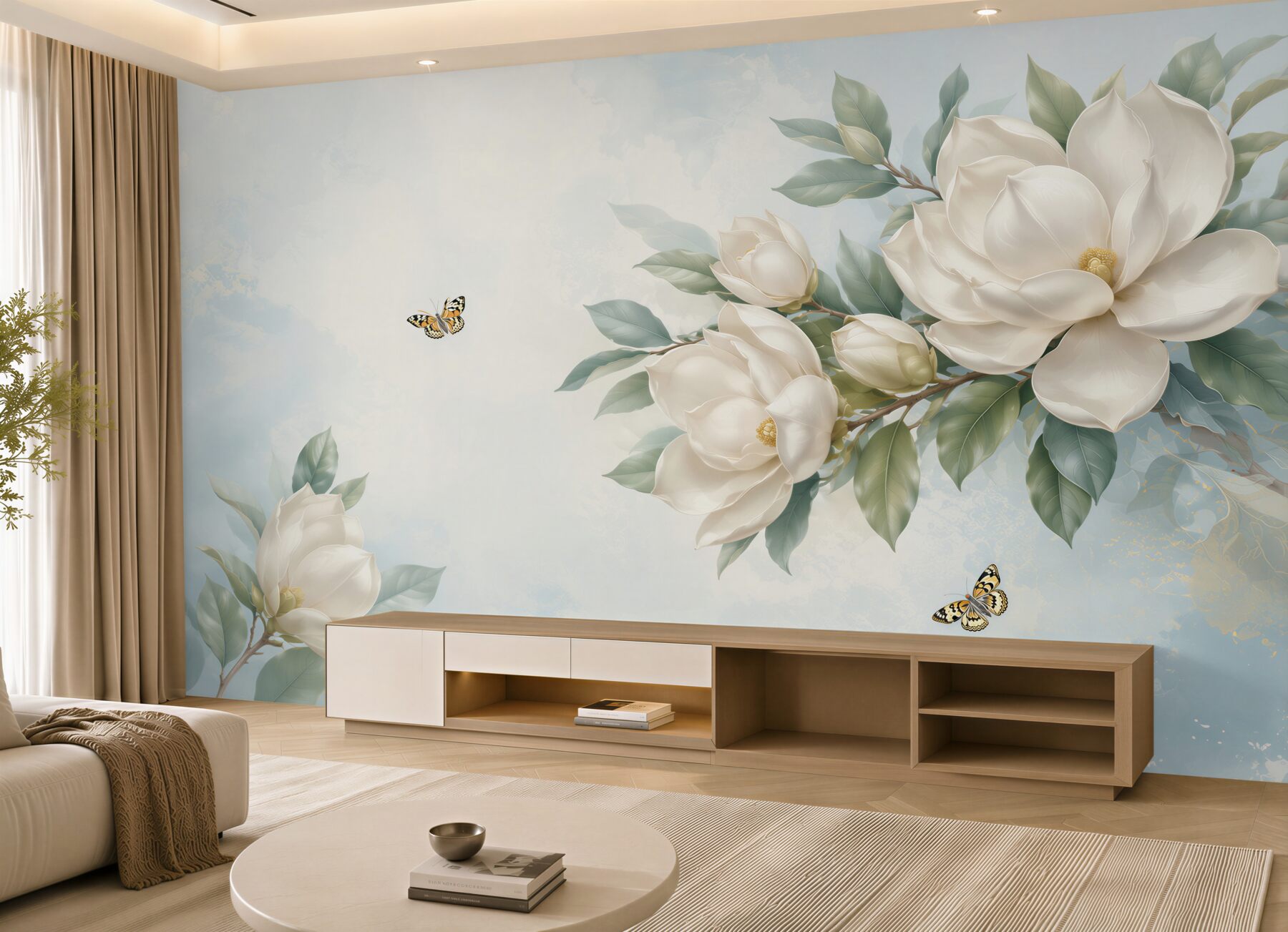 Fototapeta magnolie kremowe z motylami na błękitnym tle elegancka?v23