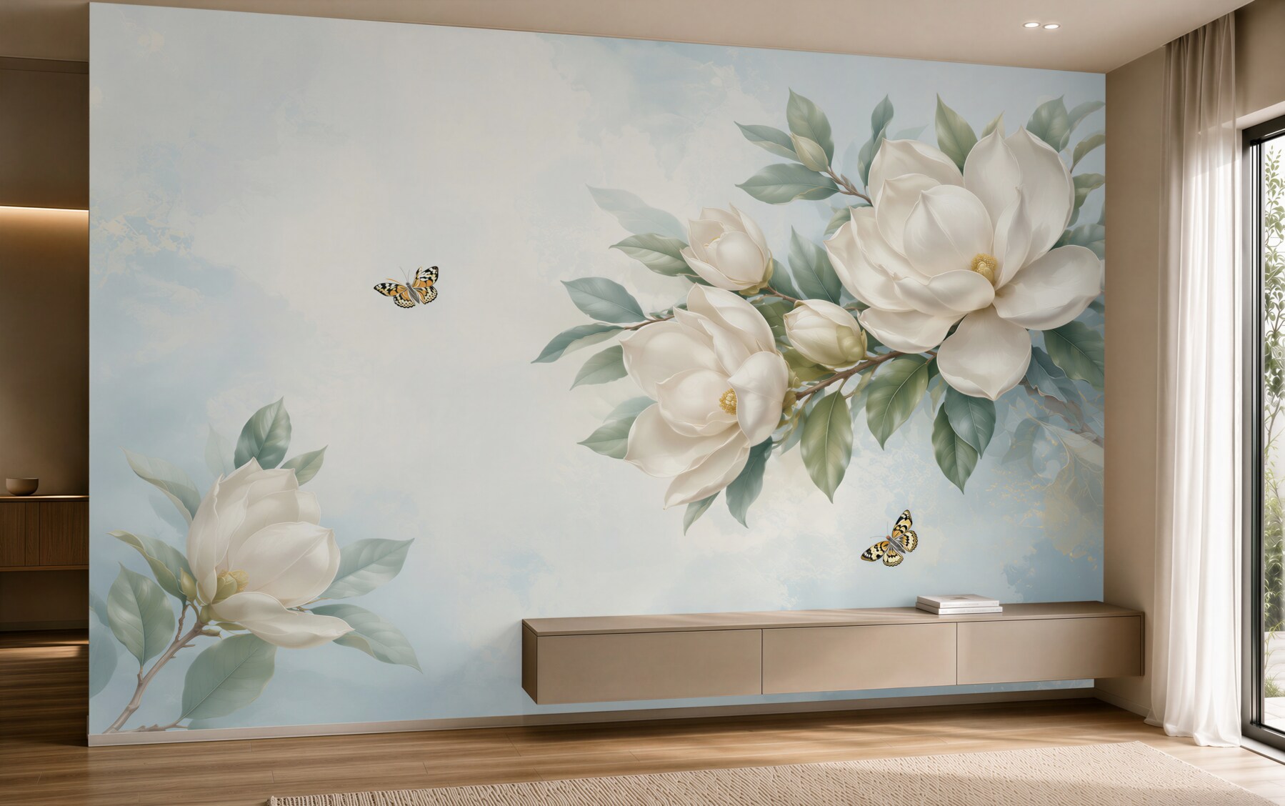 Fototapeta magnolie kremowe z motylami na błękitnym tle elegancka?v23