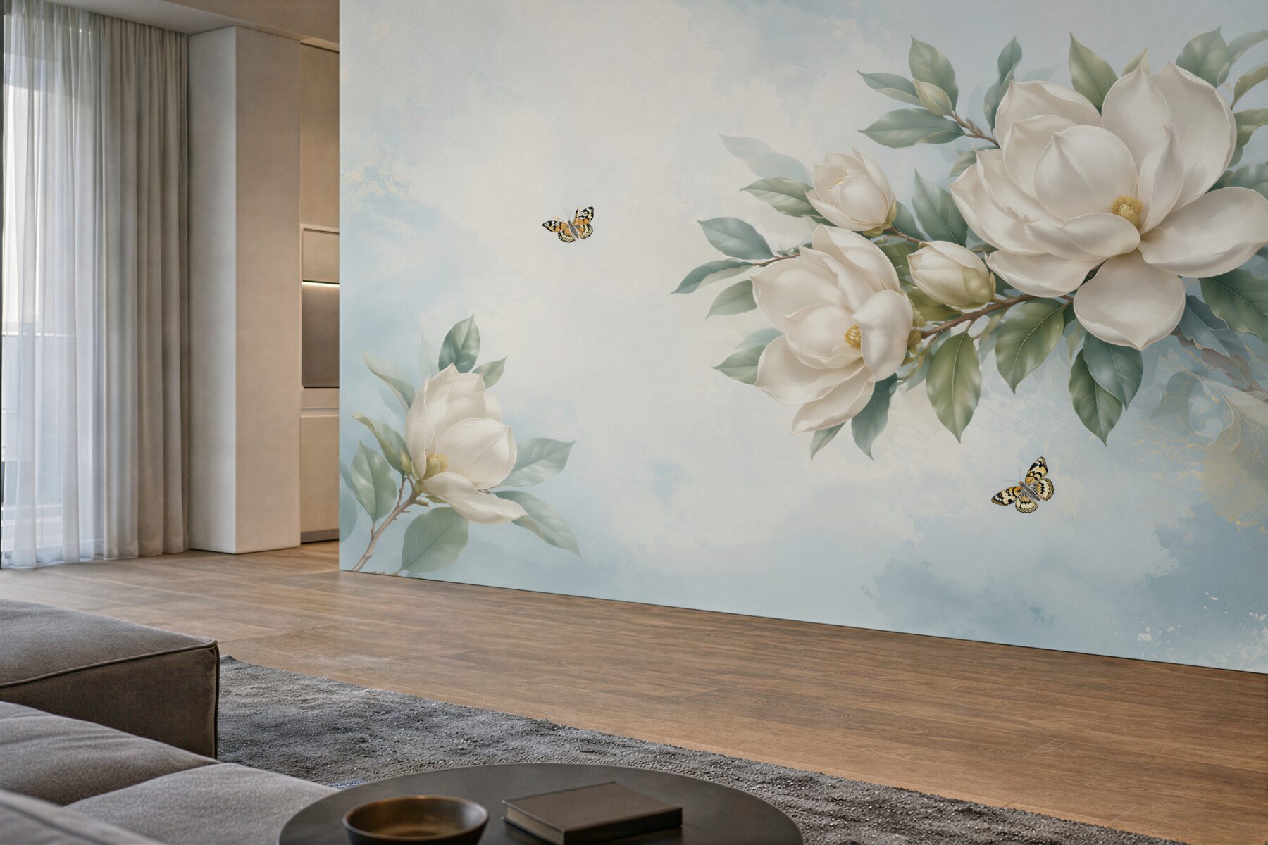 Fototapeta magnolie kremowe z motylami na błękitnym tle elegancka?v23