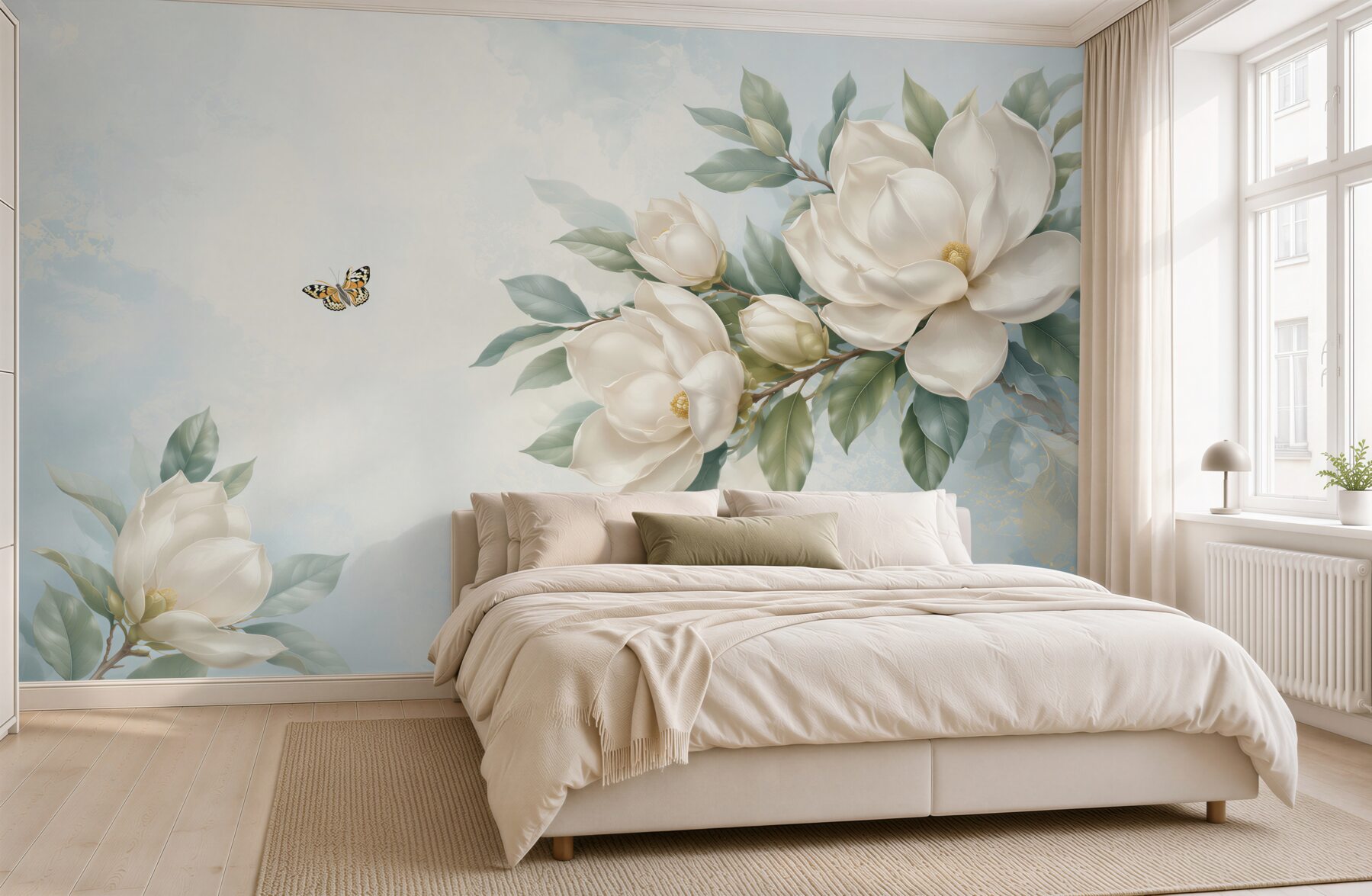 Fototapeta magnolie kremowe z motylami na błękitnym tle elegancka?v23