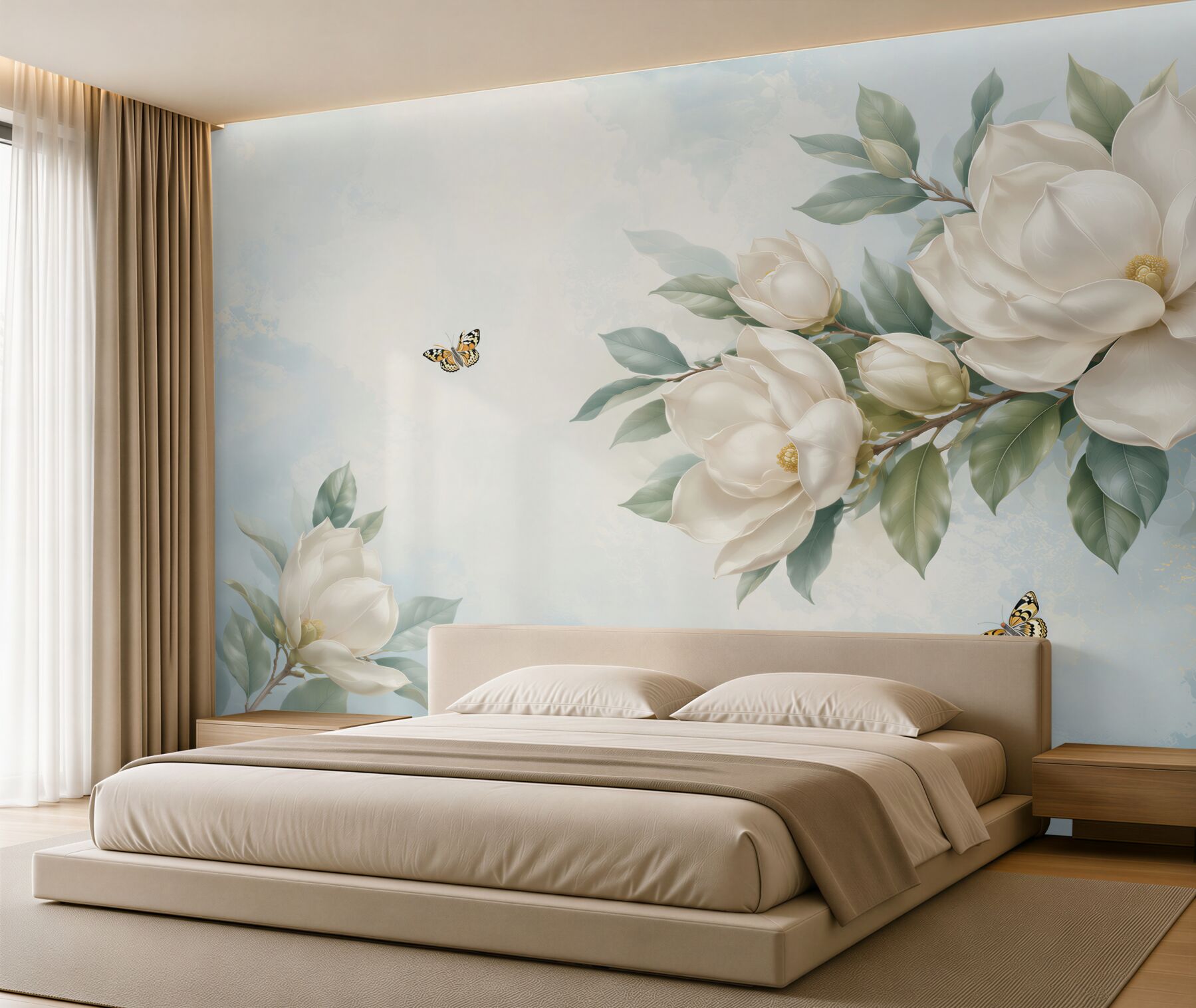Fototapeta magnolie kremowe z motylami na błękitnym tle elegancka?v23