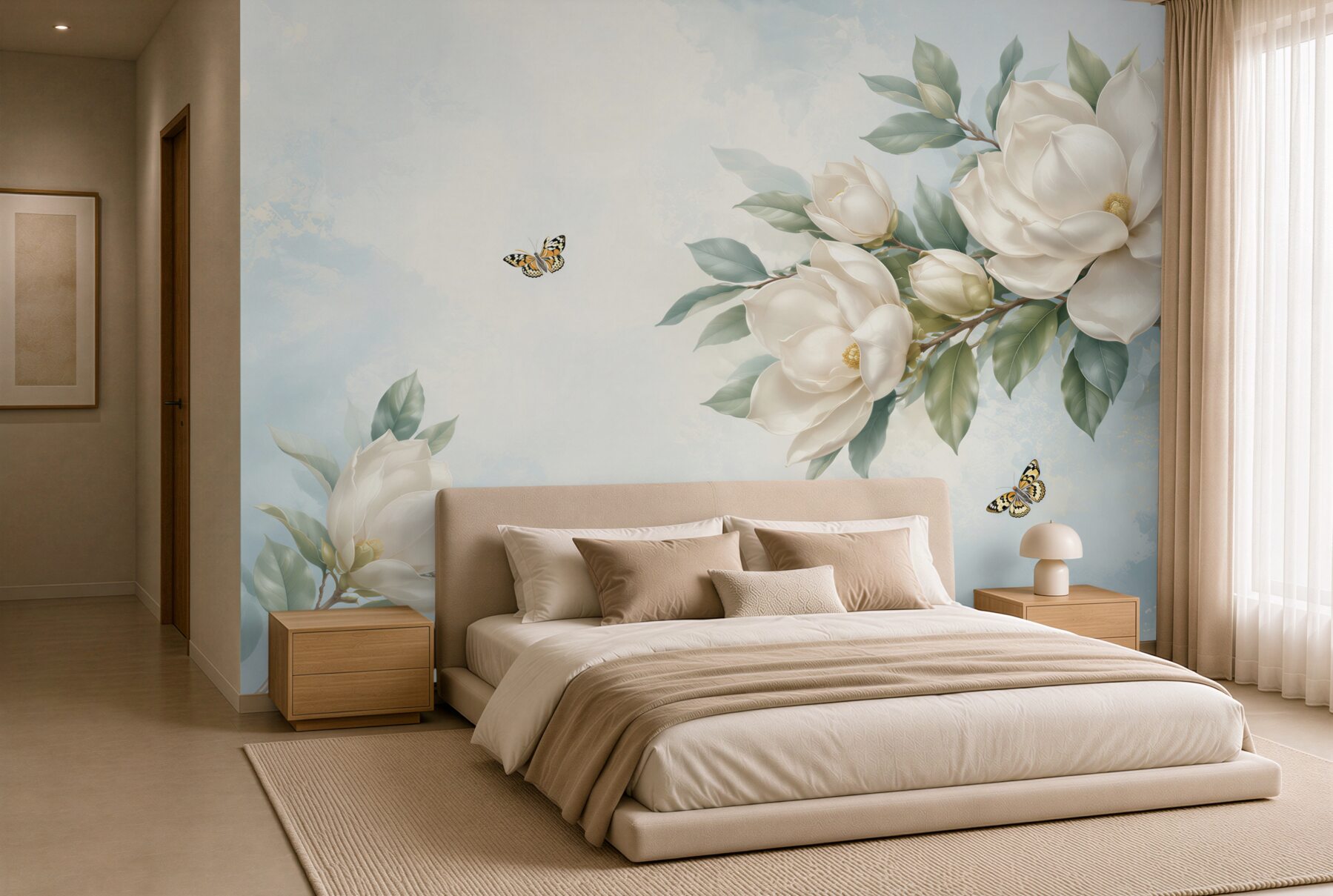 Fototapeta magnolie kremowe z motylami na błękitnym tle elegancka?v23