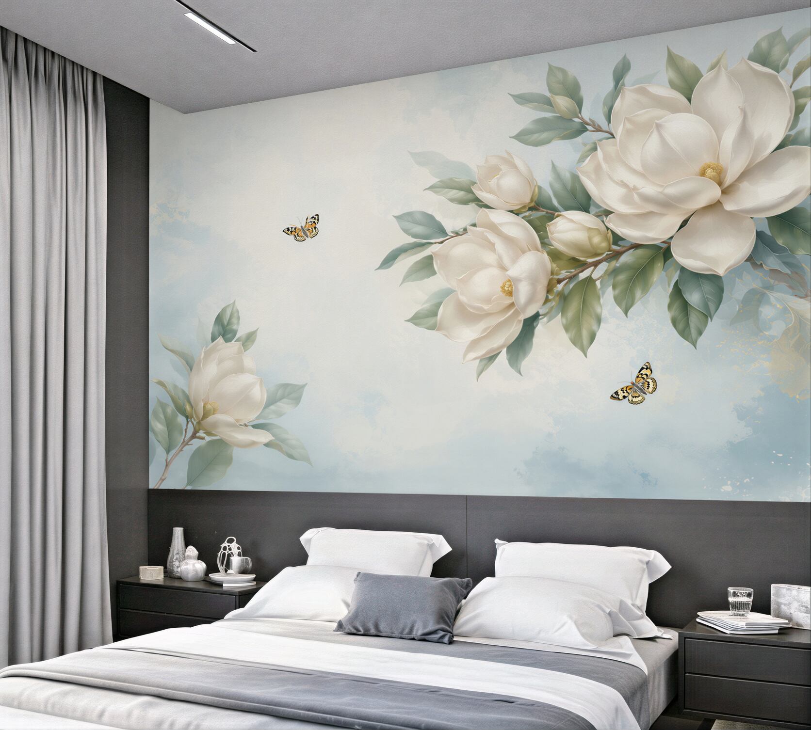 Fototapeta magnolie kremowe z motylami na błękitnym tle elegancka?v23