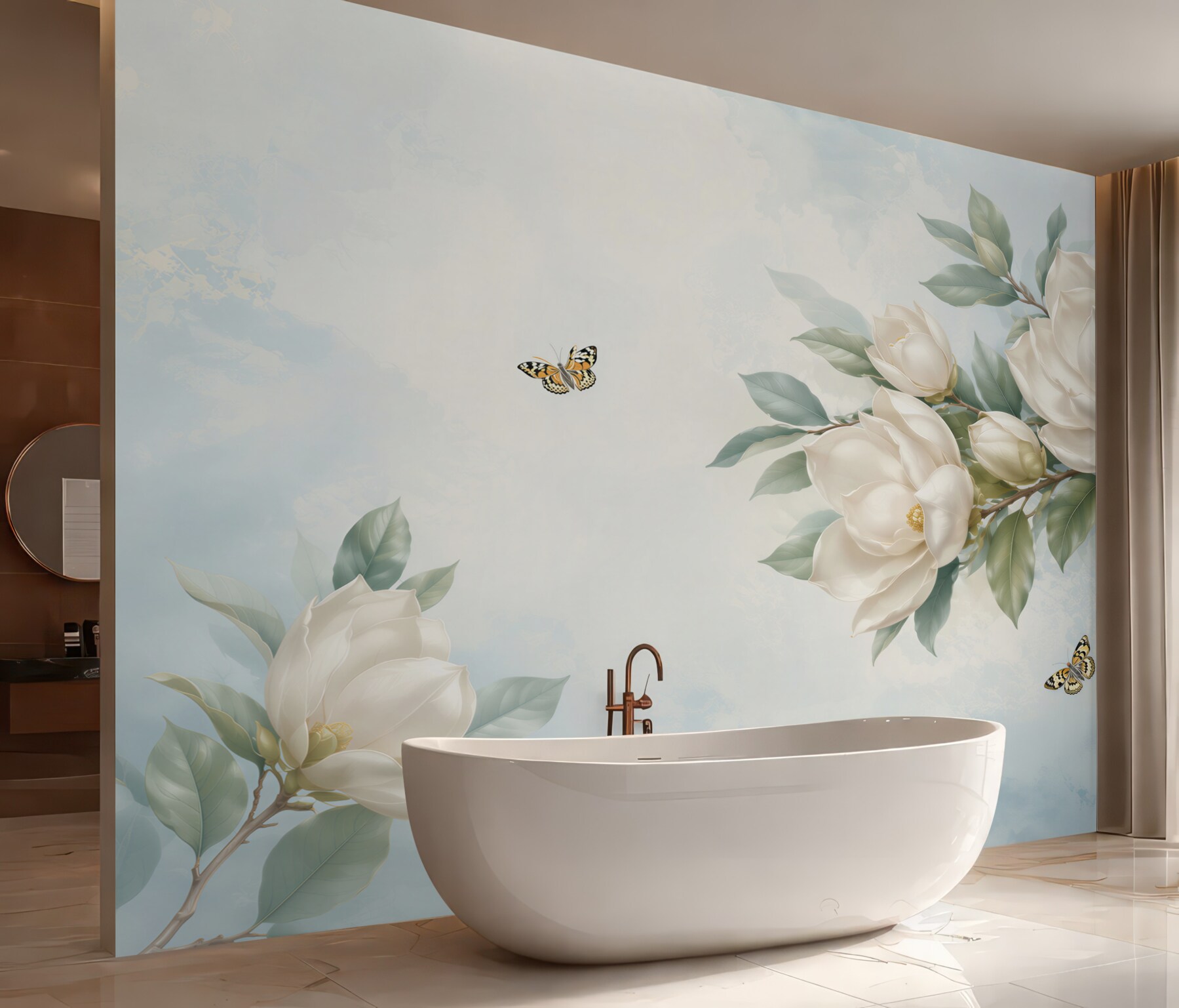 Fototapeta magnolie kremowe z motylami na błękitnym tle elegancka?v23