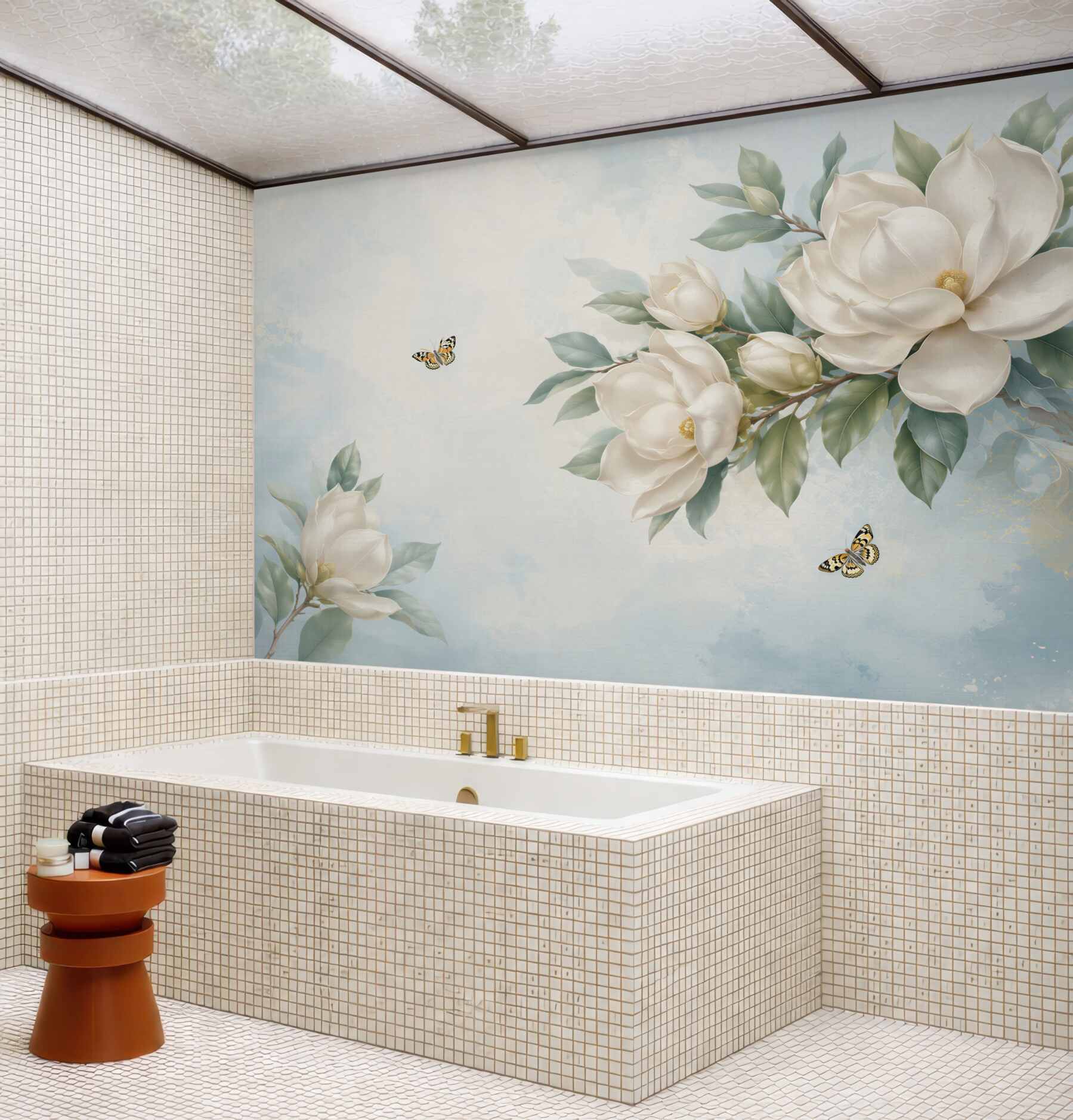 Fototapeta magnolie kremowe z motylami na błękitnym tle elegancka?v23