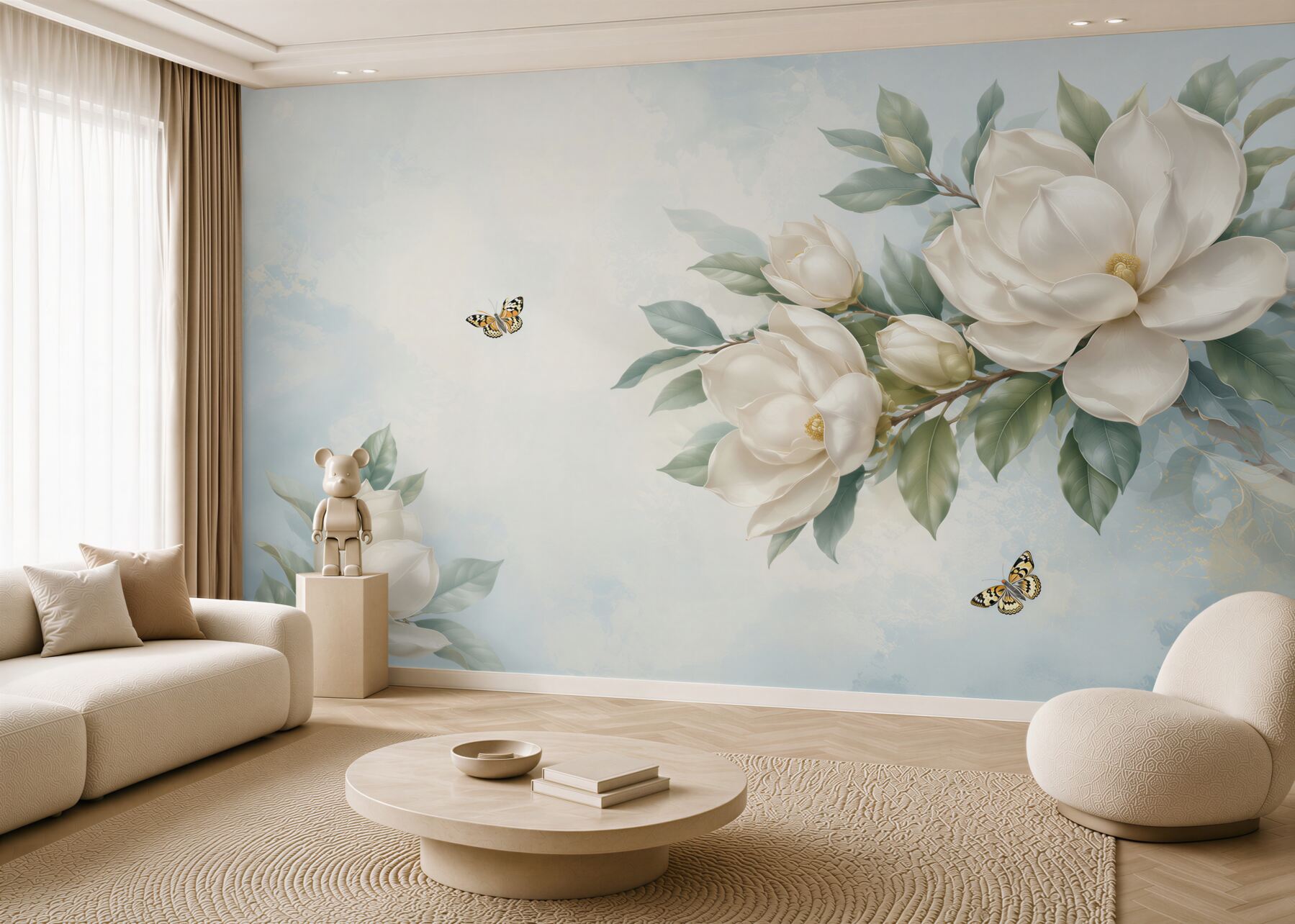 Fototapeta magnolie kremowe z motylami na błękitnym tle elegancka?v23
