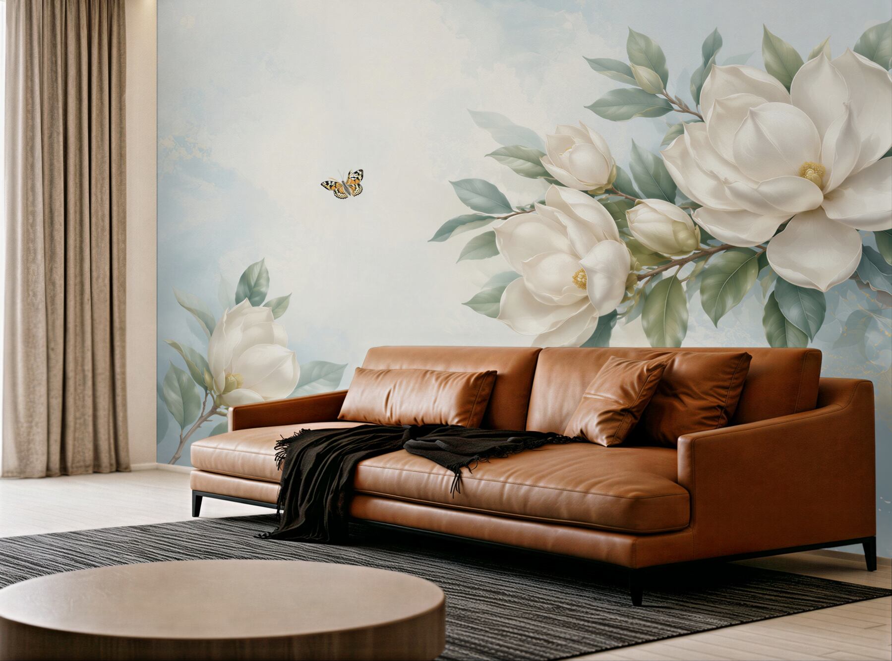 Fototapeta magnolie kremowe z motylami na błękitnym tle elegancka?v23