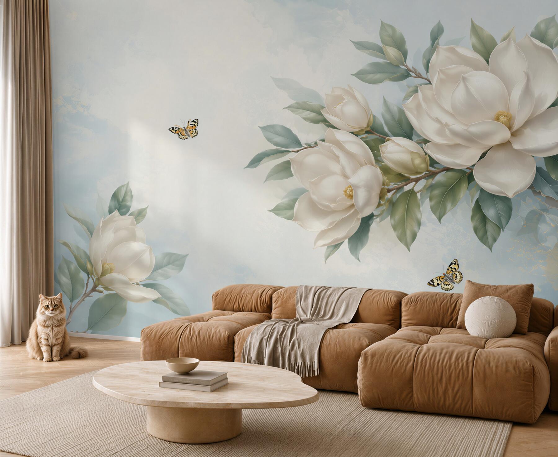 Fototapeta magnolie kremowe z motylami na błękitnym tle elegancka?v23