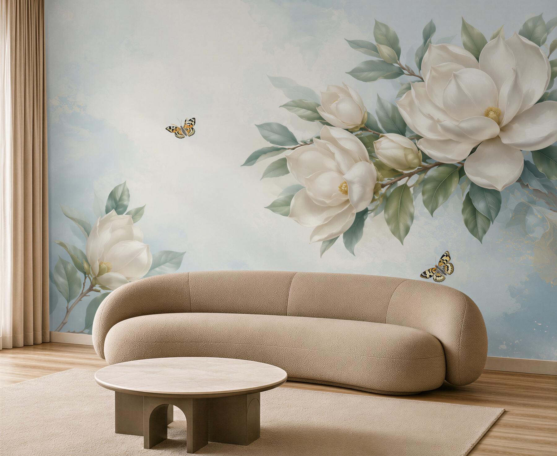 Fototapeta magnolie kremowe z motylami na błękitnym tle elegancka?v23
