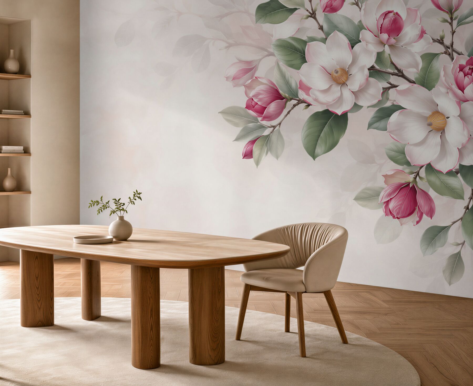 Fototapeta białe i różowe magnolie z zielonymi liśćmi elegancka?v23